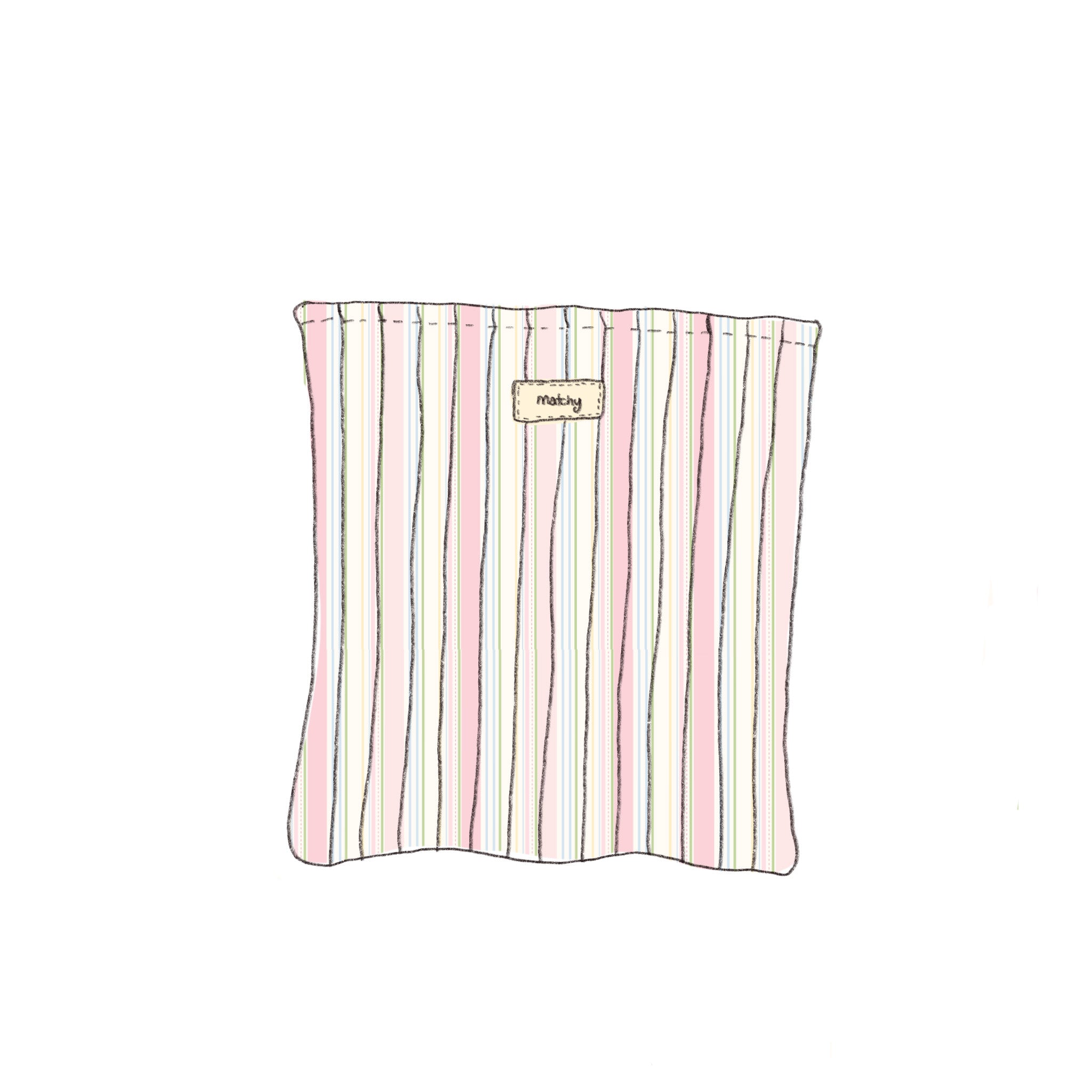 Illustration of a pastel striped quilted book sleeve in pink, cream and green with a 'matchy' label. Matchy Signature Stripe Custom Embroidery Book Sleeve.