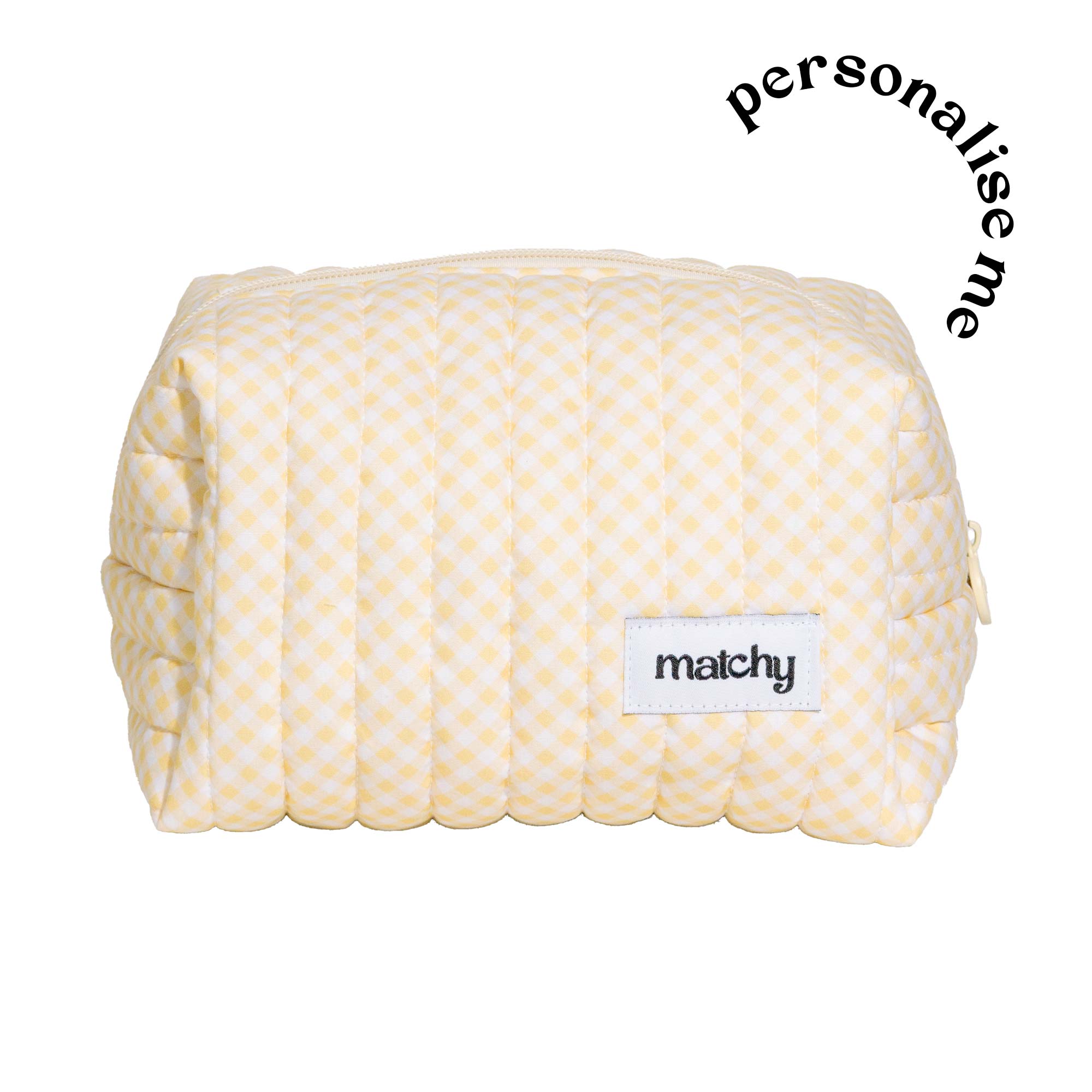 Butter yellow gingham quilted carry-all bag with a 'matchy' label and the words 'personalise me' curved above it. Matchy Banana Gingham Custom Embroidery Carry-All Bag.