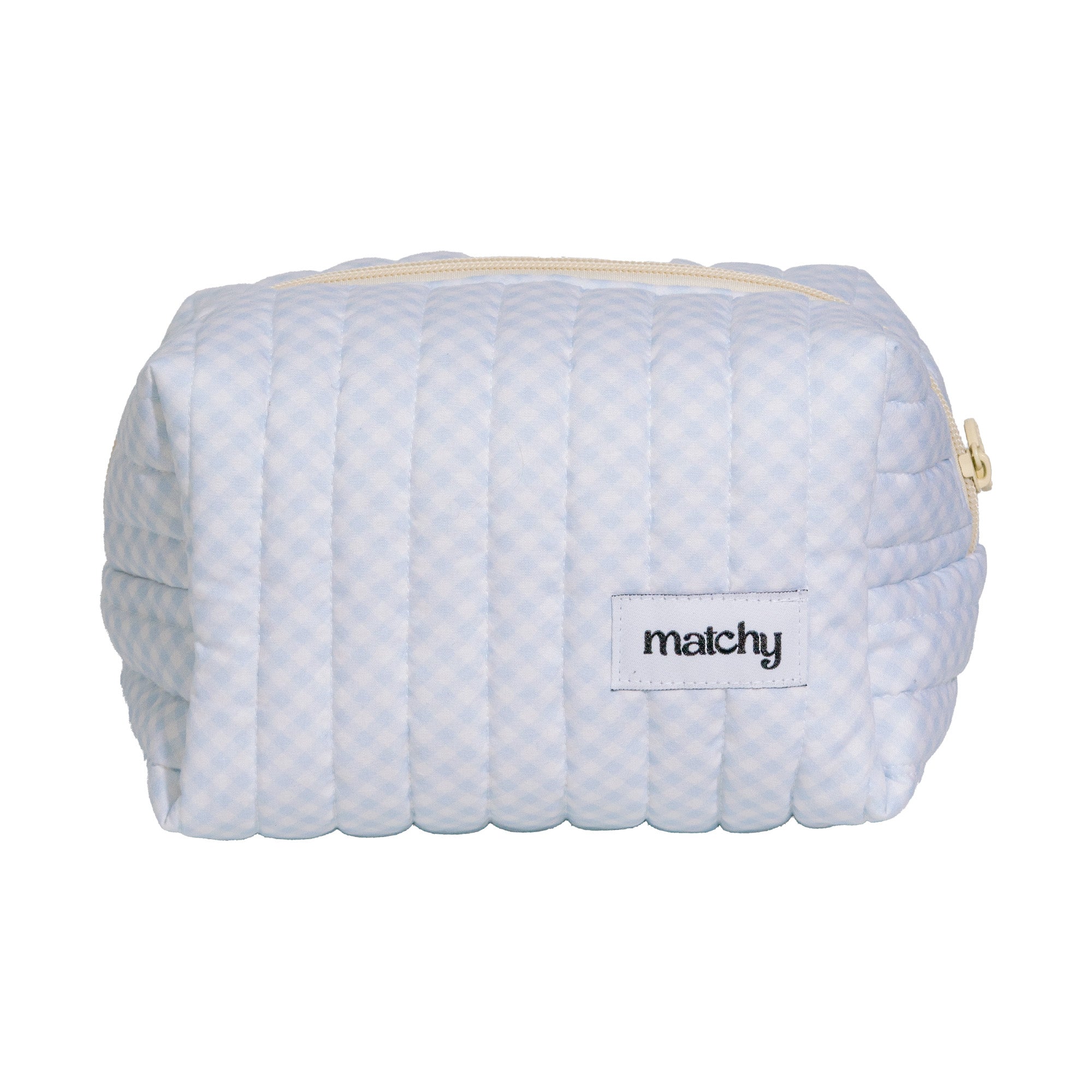 Pale blue gingham quilted carry-all bag with a 'matchy' label on a white background. Matchy Blueberry Gingham Custom Embroidery Carry-All Bag, a personalised makeup bag.