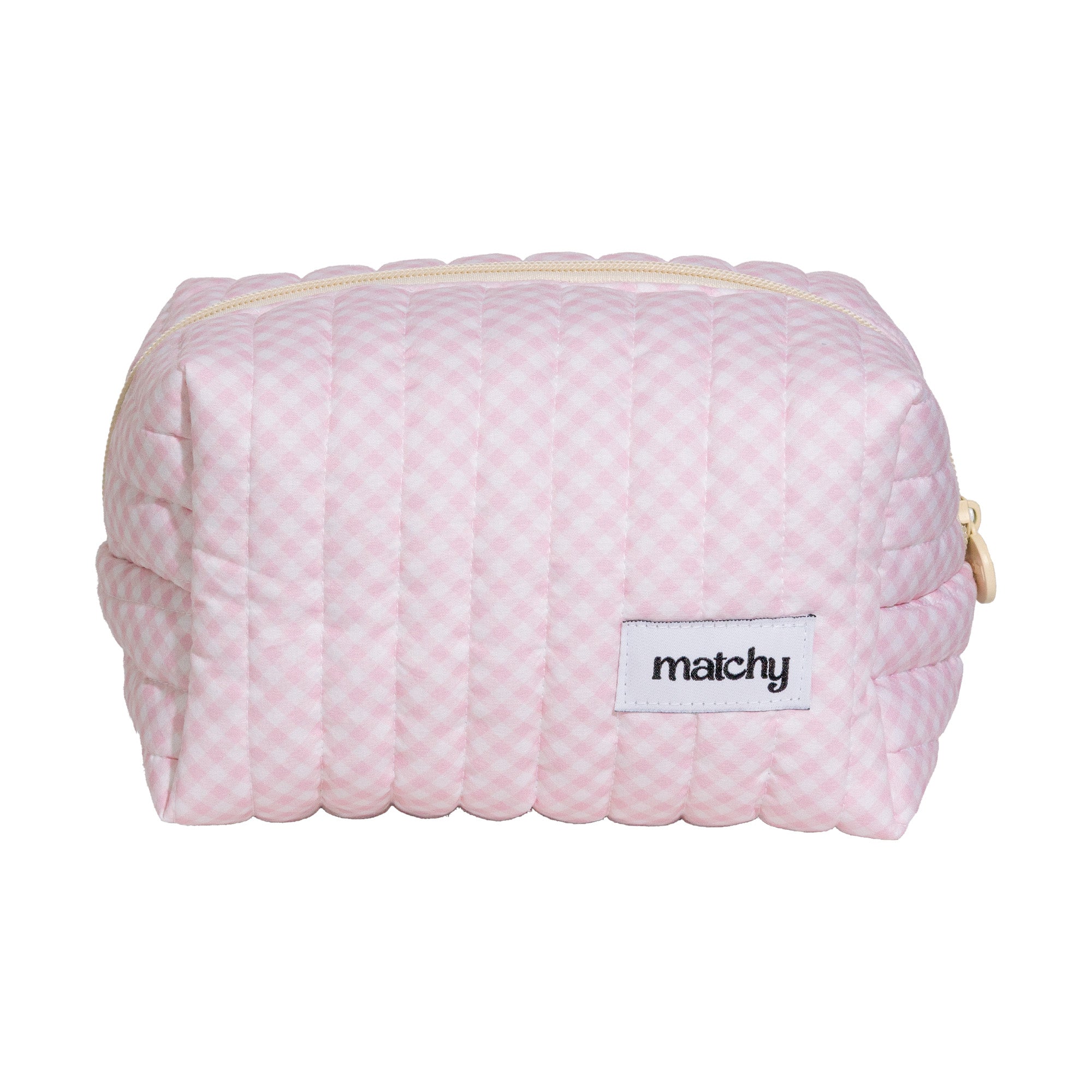 Soft pink gingham quilted carry-all bag with a 'matchy' label on a white background. Matchy Strawberry Gingham Custom Embroidery Carry-All Bag, a personalised makeup bag.