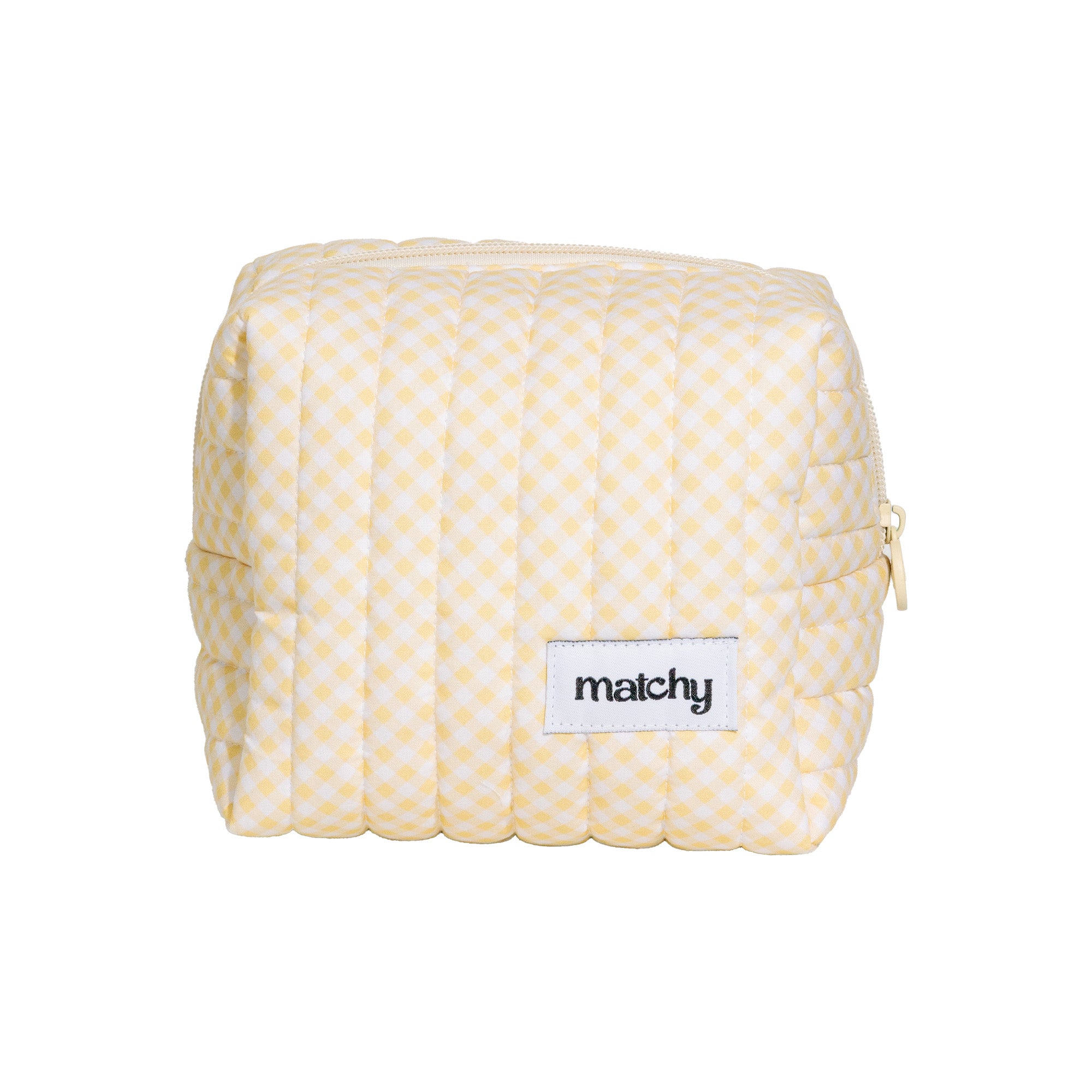 Small butter yellow gingham quilted carry-all bag with a 'matchy' label. Matchy Banana Gingham Carry-All Bag.