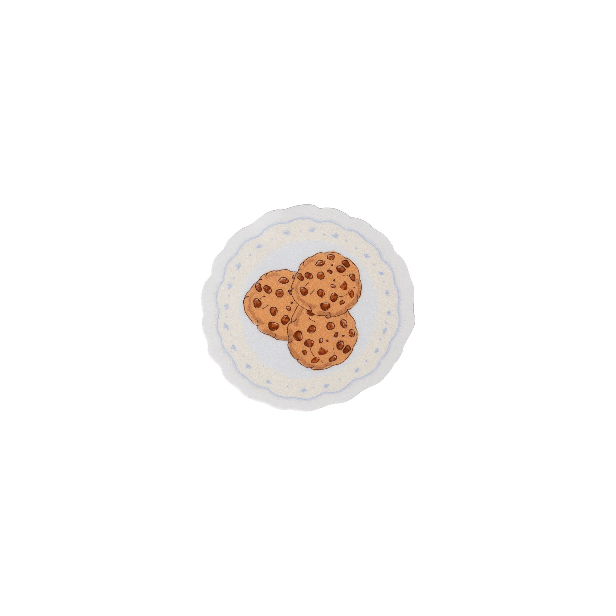 Die cut sticker of a round plate of chocolate chip cookies on a white background. Matchy Cookie Plate Sticker.