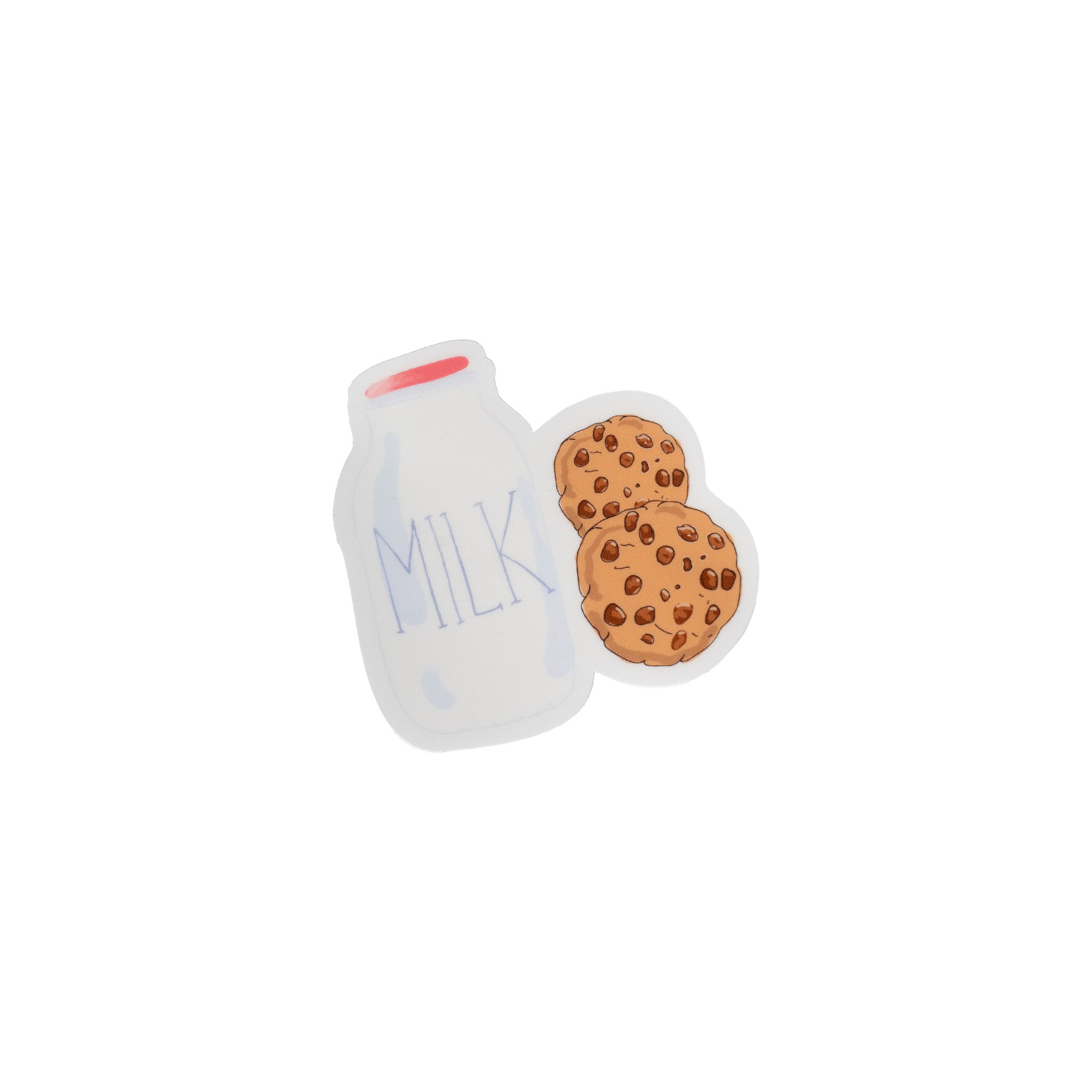 Die cut sticker of a milk bottle with three chocolate chip cookies on a white background. Matchy Milk and Cookies Sticker.