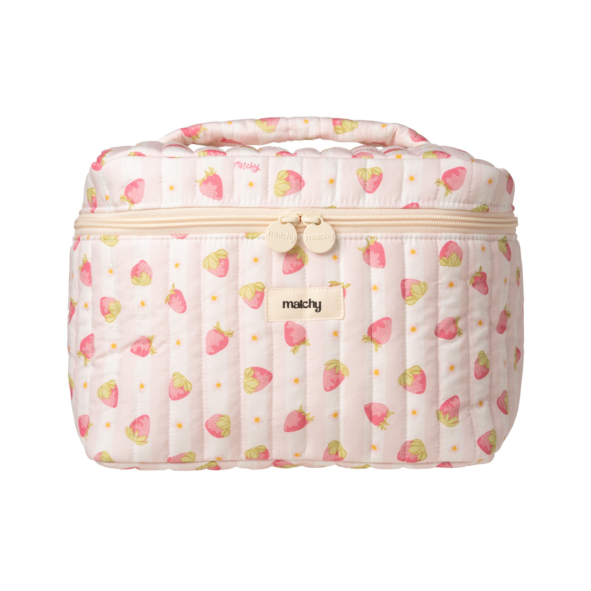 Front view of a train case in pale pink striped quilted fabric with a small strawberry print, with a cream zip, gold zip pulls and a 'matchy' label. Matchy Sylvie Train Case, a quilted makeup and toiletry case.