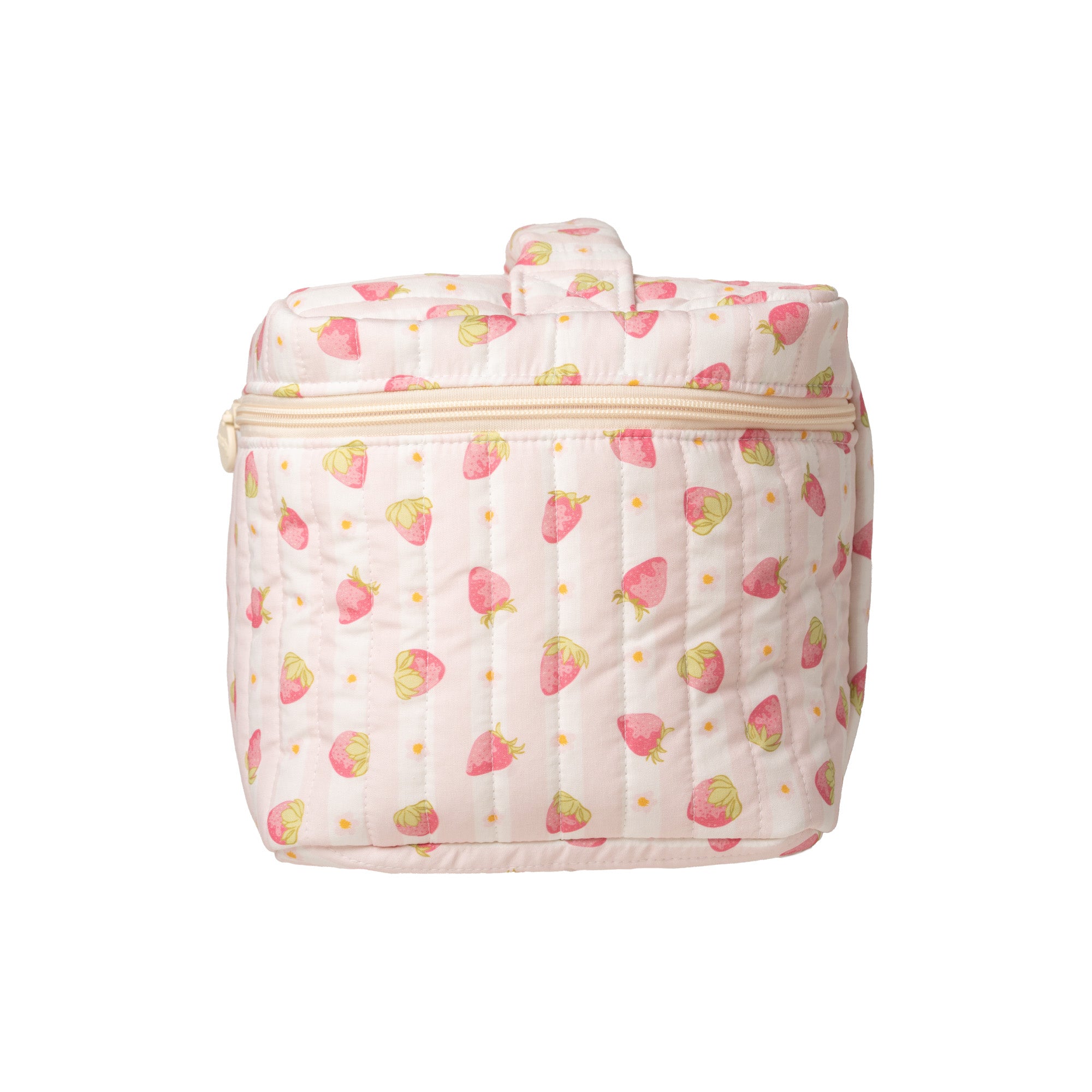 Side view of a pale pink strawberry print train case showing its boxy shape and top handle. Matchy Sylvie Train Case.