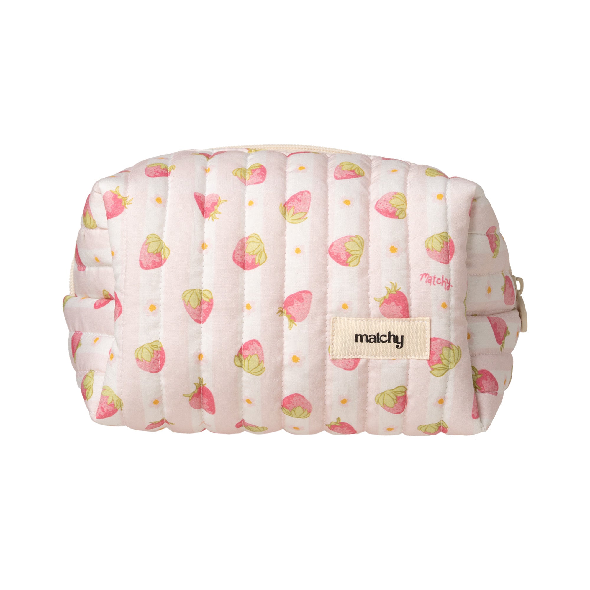 Front view of a carry-all bag in pale pink striped quilted fabric with a small strawberry print and a 'matchy' label. Matchy Sylvie Carry-All Bag, a quilted makeup and toiletry bag.