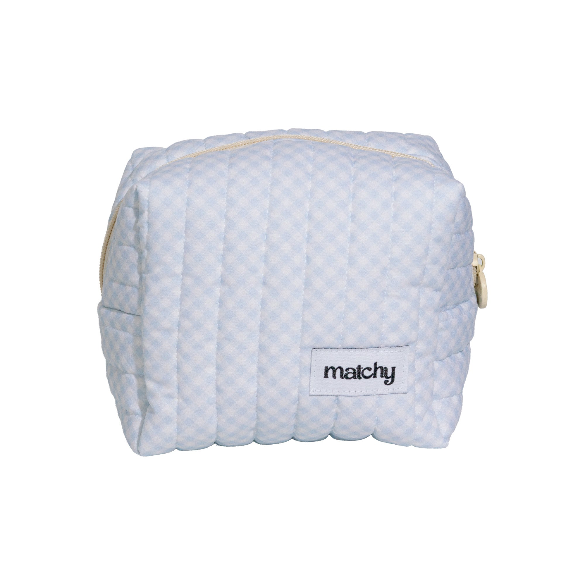 Small pale blue gingham quilted carry-all bag with a 'matchy' label. Matchy Blueberry Gingham Carry-All Bag.