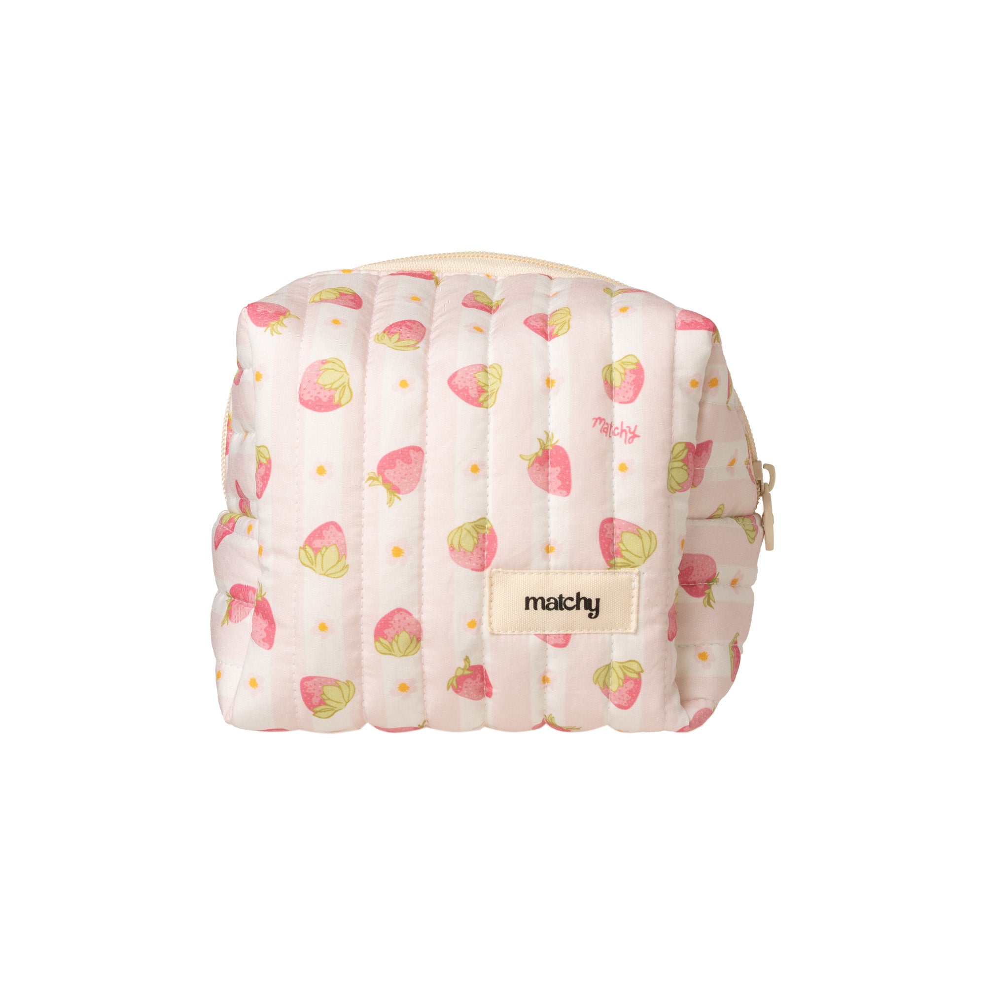 Front view of a smaller carry-all bag in pale pink striped quilted fabric with a small strawberry print and a 'matchy' label. Matchy Sylvie Carry-All Bag.