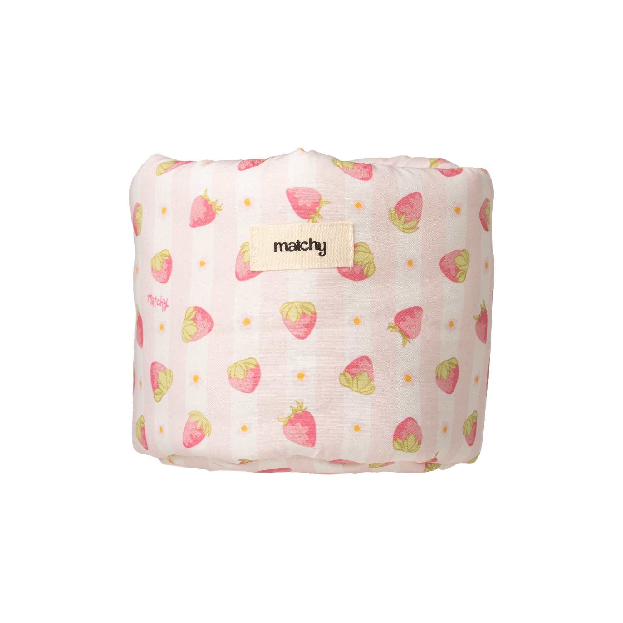 Bubble bucket in pale pink striped quilted fabric with a small strawberry print and a 'matchy' label on a white background. Matchy Sylvie Bubble Bucket, a padded vanity storage bucket.