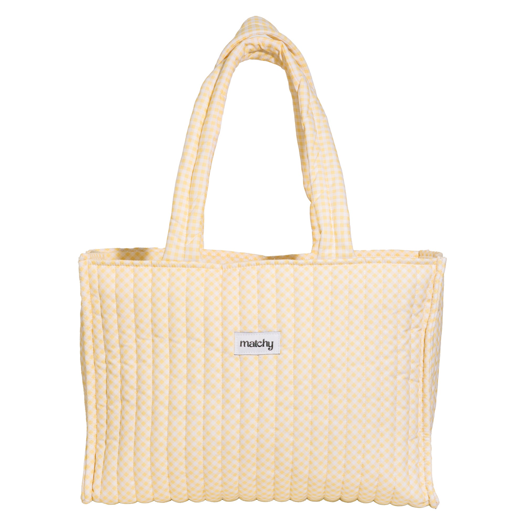 Butter yellow gingham quilted tote bag with two shoulder straps and a 'matchy' label. Matchy Banana Take Me With You Tote, a gingham quilted tote bag.