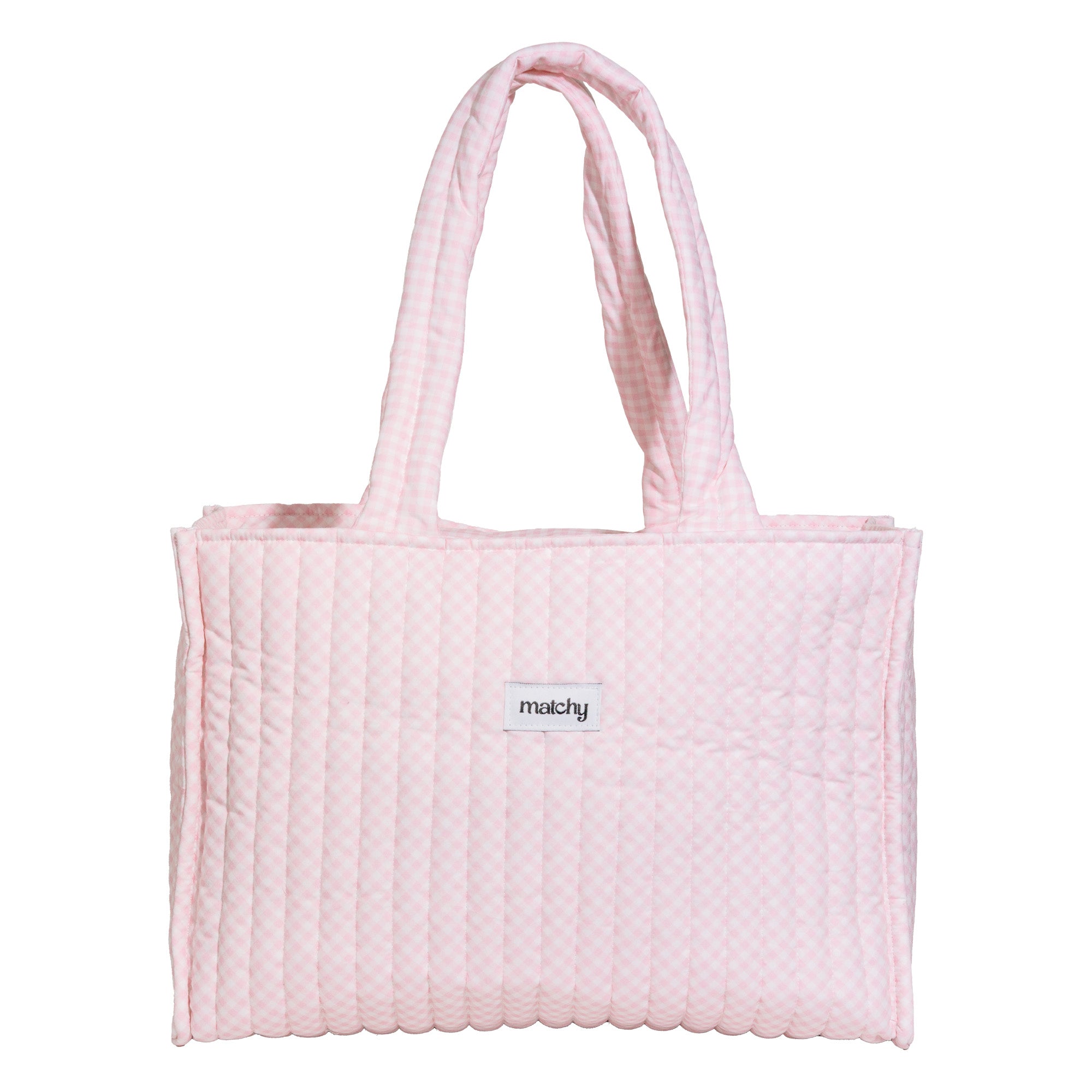 Soft pink gingham quilted tote bag with two shoulder straps and a 'matchy' label. Matchy Strawberry Take Me With You Tote, a gingham quilted tote bag.
