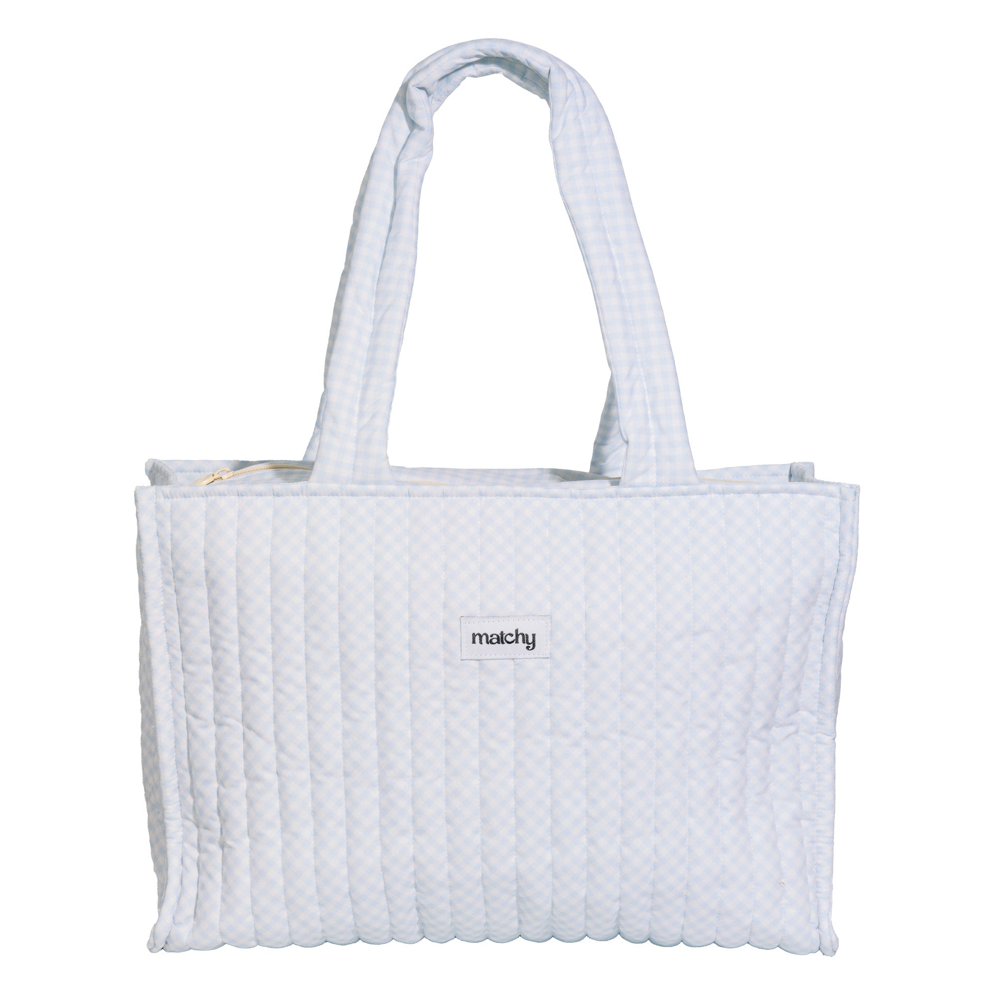 Pale blue gingham quilted tote bag with two shoulder straps and a 'matchy' label. Matchy Blueberry Take Me With You Tote, a gingham quilted tote bag.