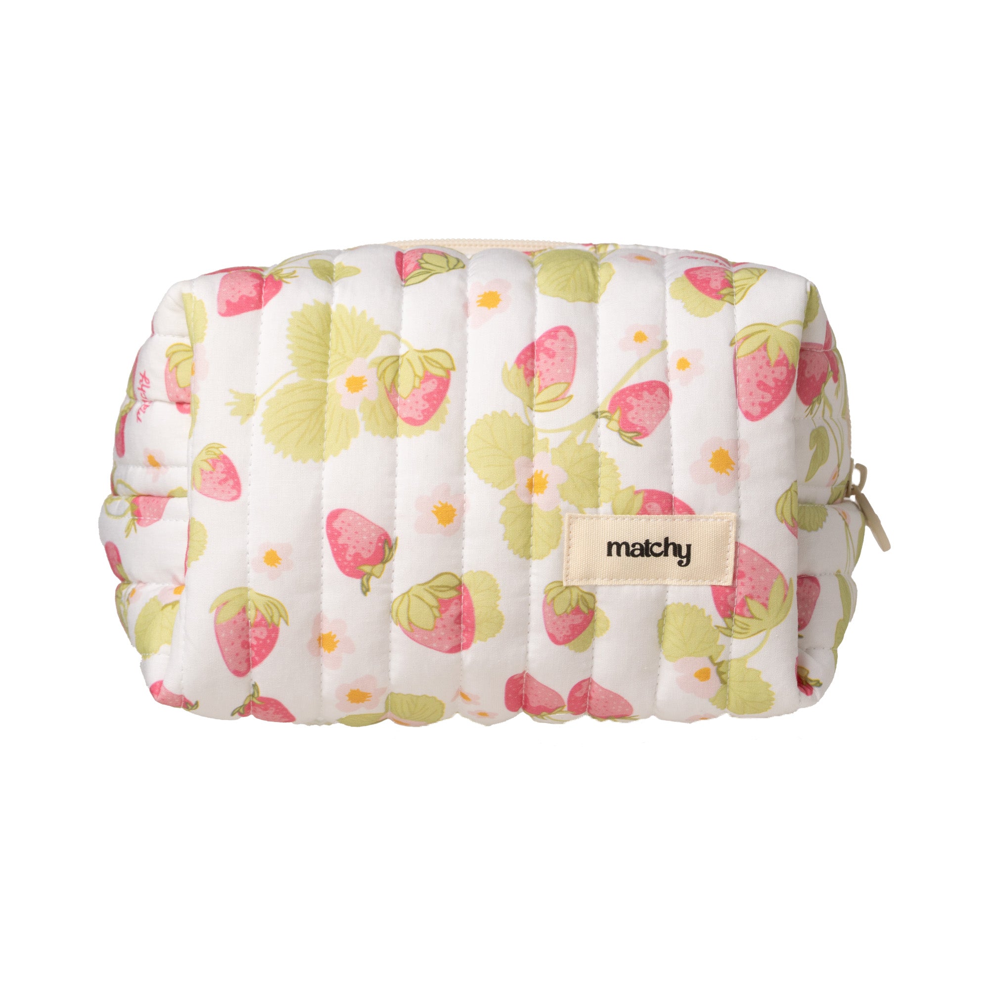 Front view of a quilted cream carry-all bag with a pink strawberry and green leaf print and 'matchy' label. Matchy Sofia Carry-All Bag, a quilted makeup and toiletry bag.