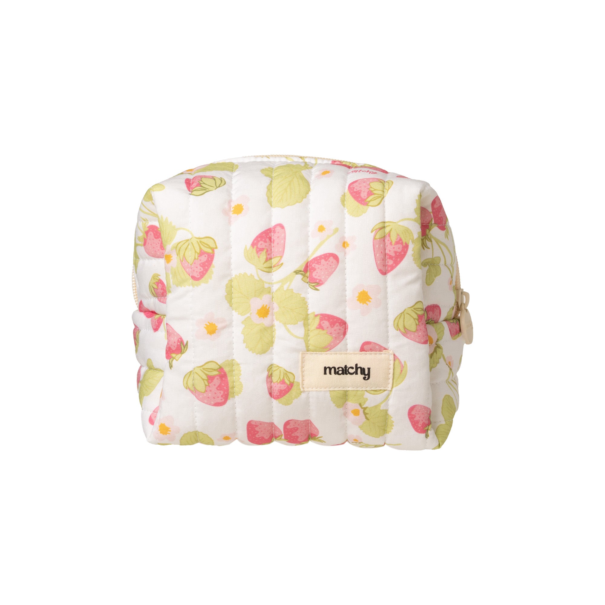 Small quilted strawberry print carry-all bag with a 'matchy' label on a white background. Matchy Sofia Carry-All Bag.