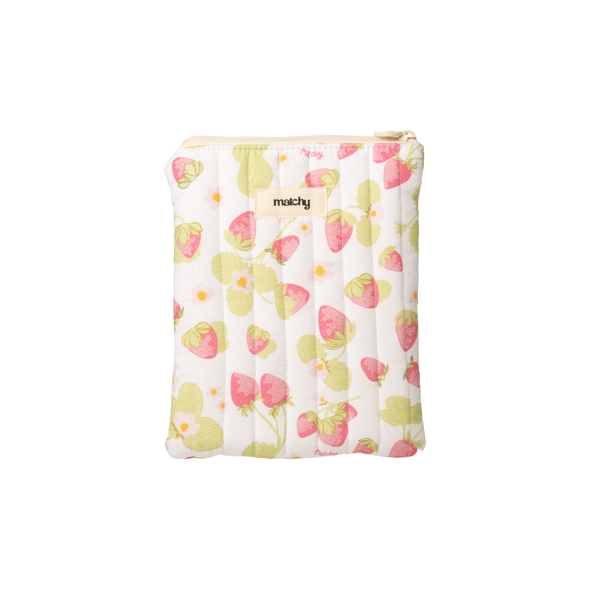 Quilted cream eReader sleeve with a pink strawberry and green leaf print, cream zip and 'matchy' label. Matchy Sofia eReader Sleeve, a padded Kindle pouch.