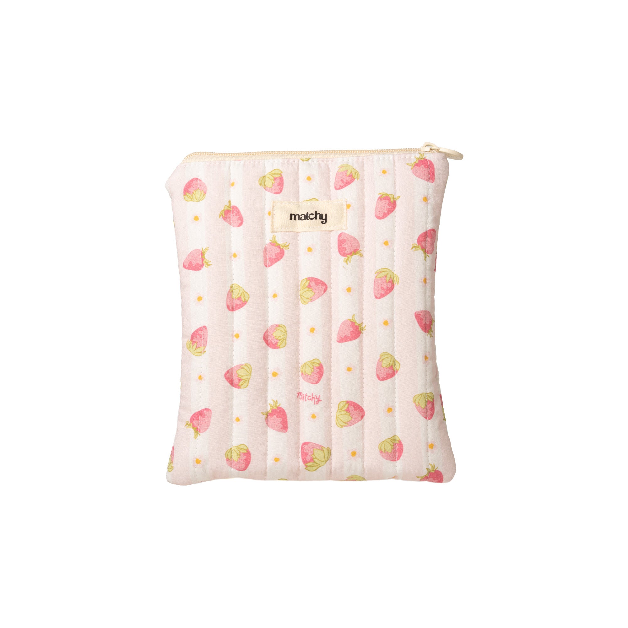 Quilted cream eReader sleeve with a small pink strawberry and stripe print and a 'matchy' label. Matchy Sylvie eReader Sleeve, a padded Kindle pouch.