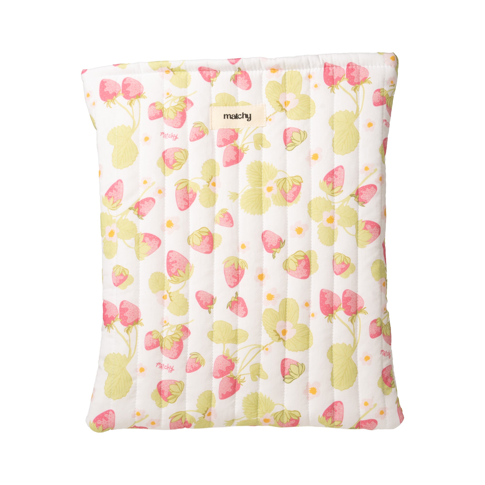 Front view of a quilted cream book sleeve printed with pink strawberries and green leaves, with a small 'matchy' label. Matchy Sofia Book Sleeve, a padded strawberry print book and Kindle sleeve.