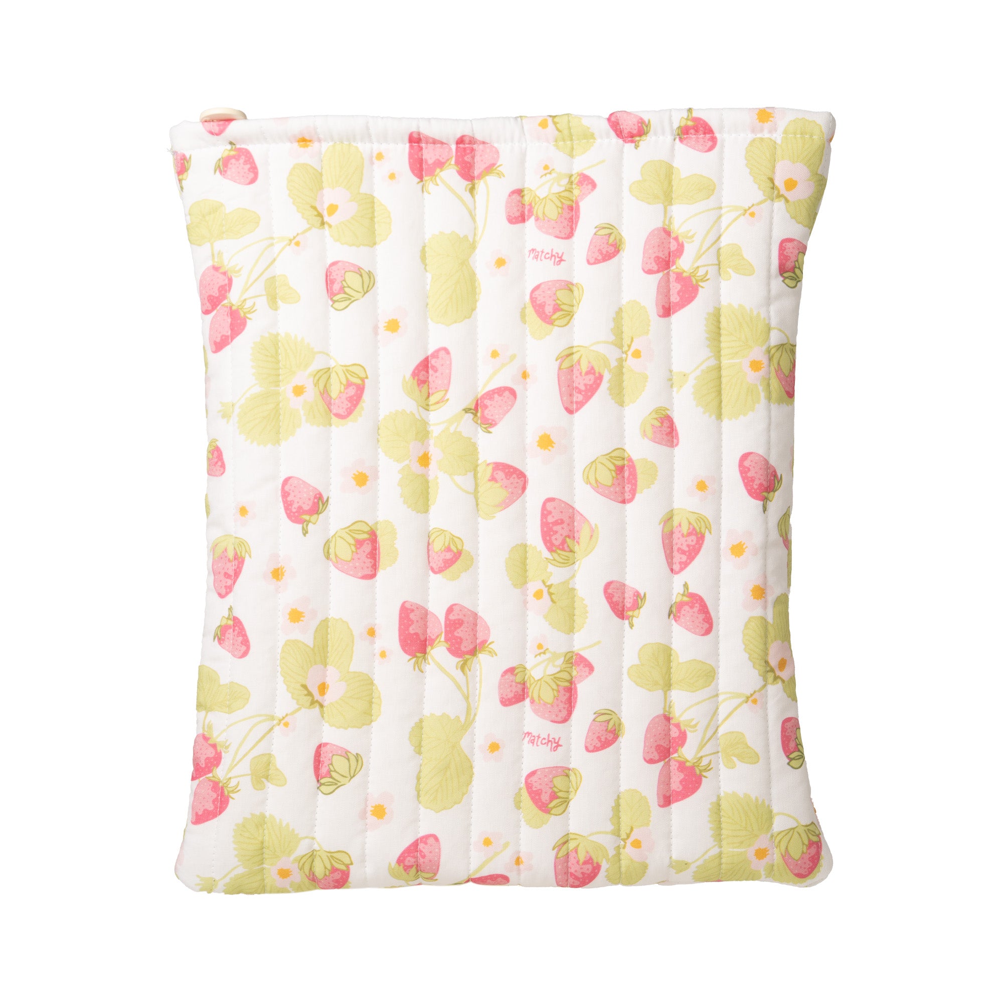 Back view of a quilted cream book sleeve with a pink strawberry and green leaf print on a white background. Matchy Sofia Book Sleeve, a padded strawberry print book and Kindle sleeve.