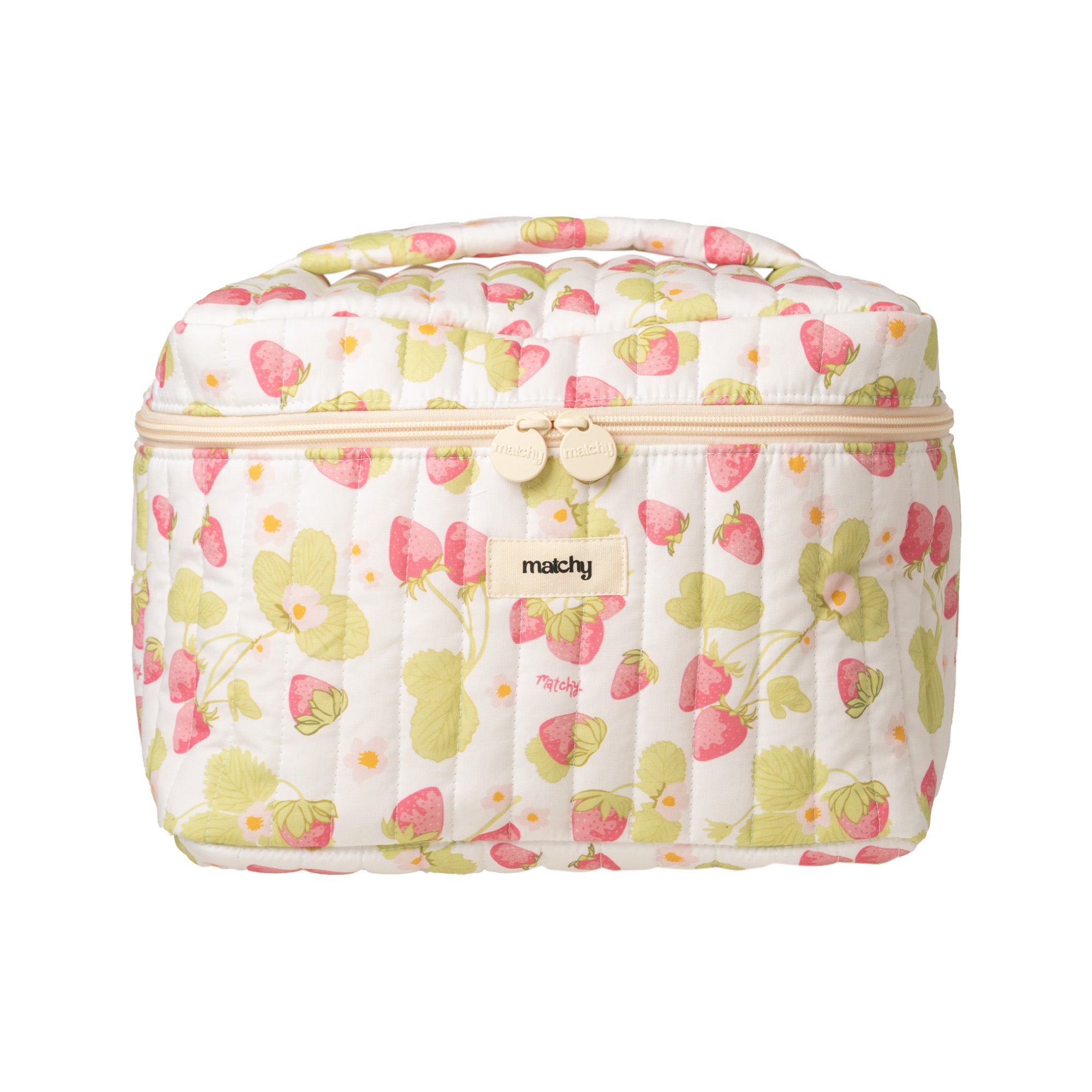 Front view of a quilted cream train case with a pink strawberry and green leaf print, cream zip and 'matchy' label. Matchy Sofia Train Case, a strawberry print makeup and toiletry case.