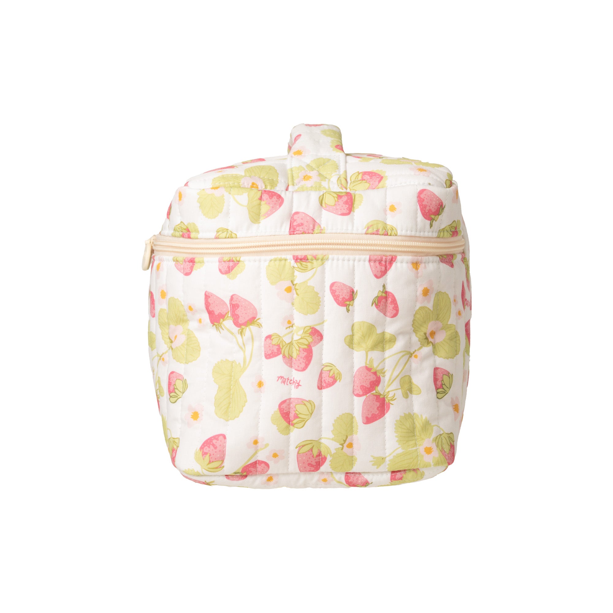 Side view of a quilted strawberry print train case showing its boxy shape and top handle. Matchy Sofia Train Case.