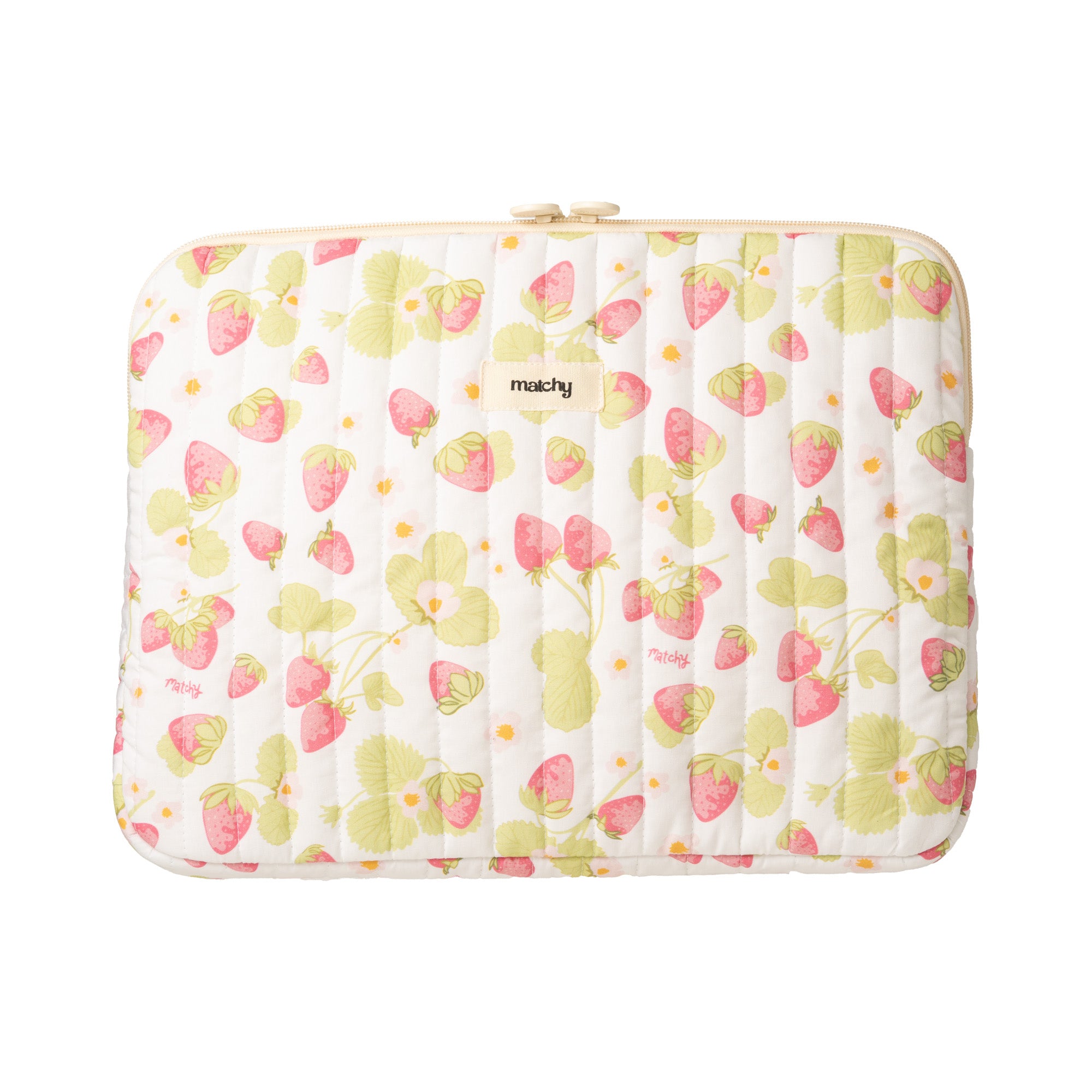 Quilted cream laptop sleeve printed with pink strawberries and green leaves, with a cream zip and 'matchy' label. Matchy Sofia Laptop Sleeve for 13 to 15 inch laptops.
