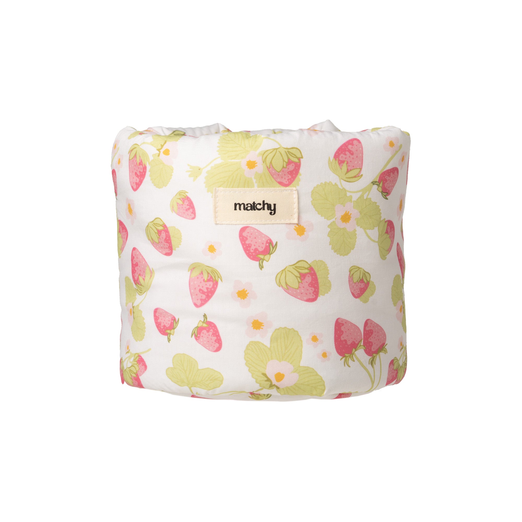 Cream bubble bucket with a pink strawberry and green leaf print and a 'matchy' label on a white background. Matchy Sofia Bubble Bucket, a padded vanity storage bucket.