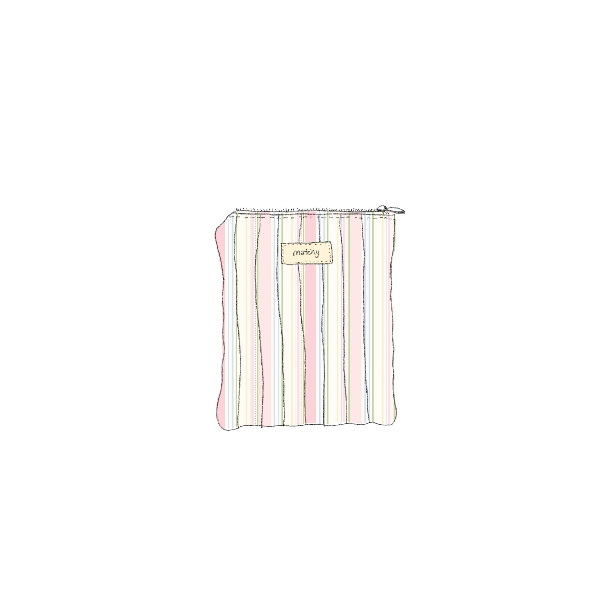 Illustration of a pastel striped quilted eReader sleeve in pink, cream and green with a 'matchy' label. Matchy Signature Stripe Custom Embroidery eReader Sleeve.