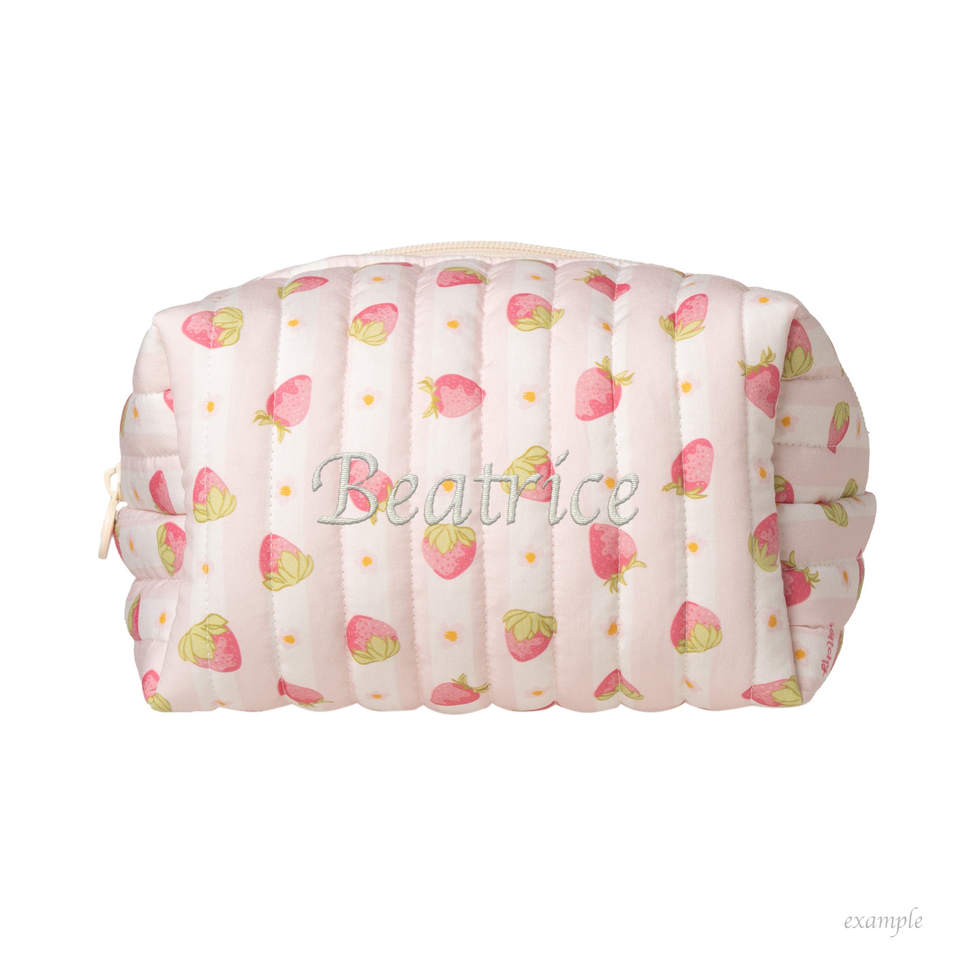 Pale pink strawberry print quilted carry-all bag with a name in script shown as an example of custom embroidery. Matchy Sylvie Custom Embroidery Carry-All Bag.