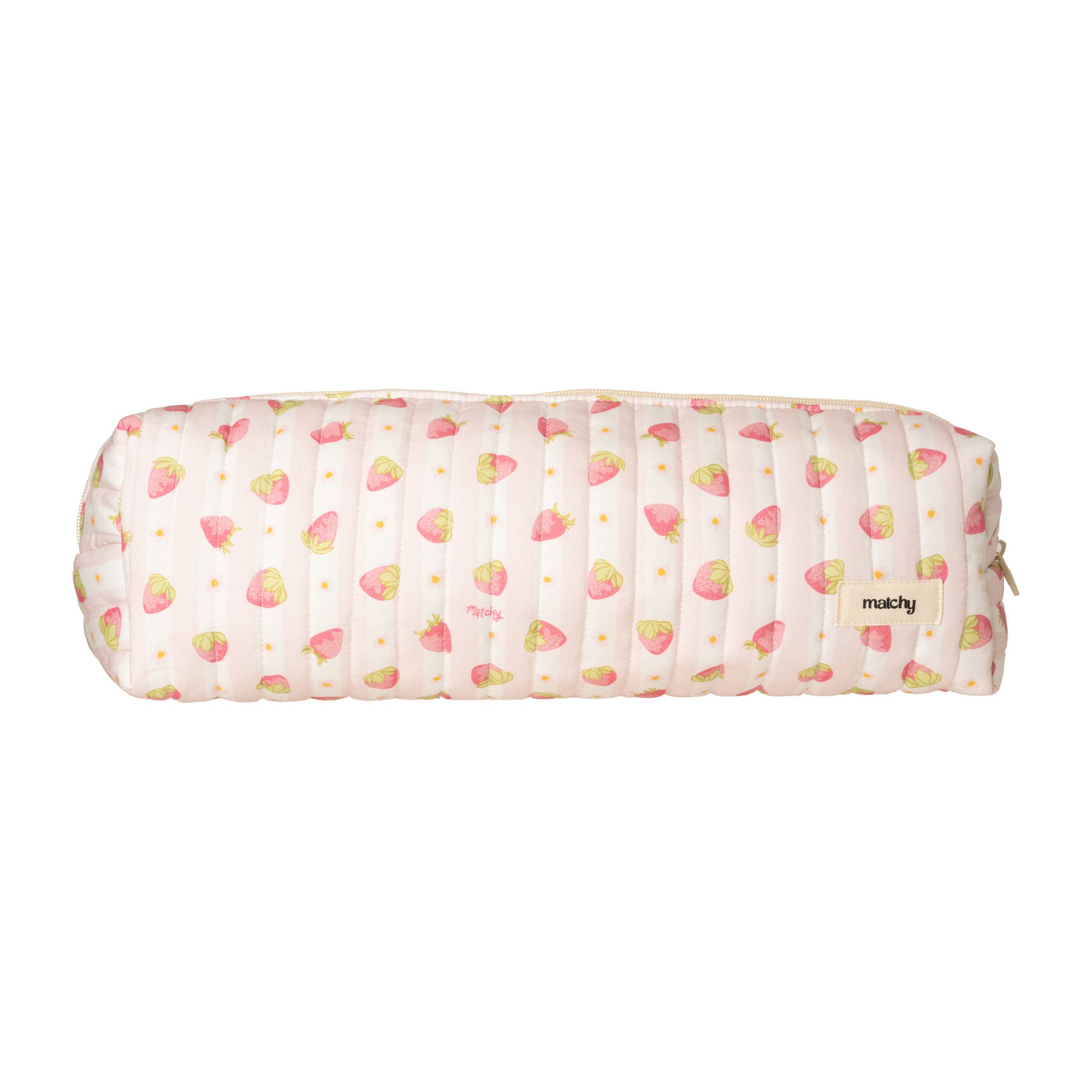 Long slim quilted pouch in pale pink striped quilted fabric with a small strawberry print and a 'matchy' label. Matchy Sylvie Hair Tools Pouch for straighteners and curling wands.