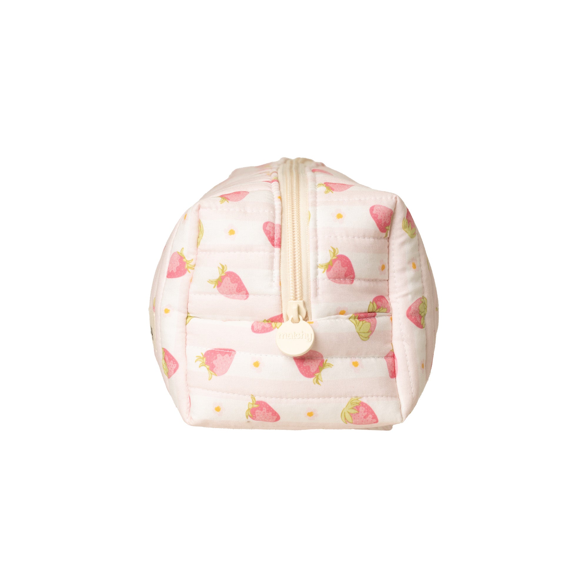 End view of a pale pink strawberry print hair tools pouch showing the cream zip and round zip pull. Matchy Sylvie Hair Tools Pouch.
