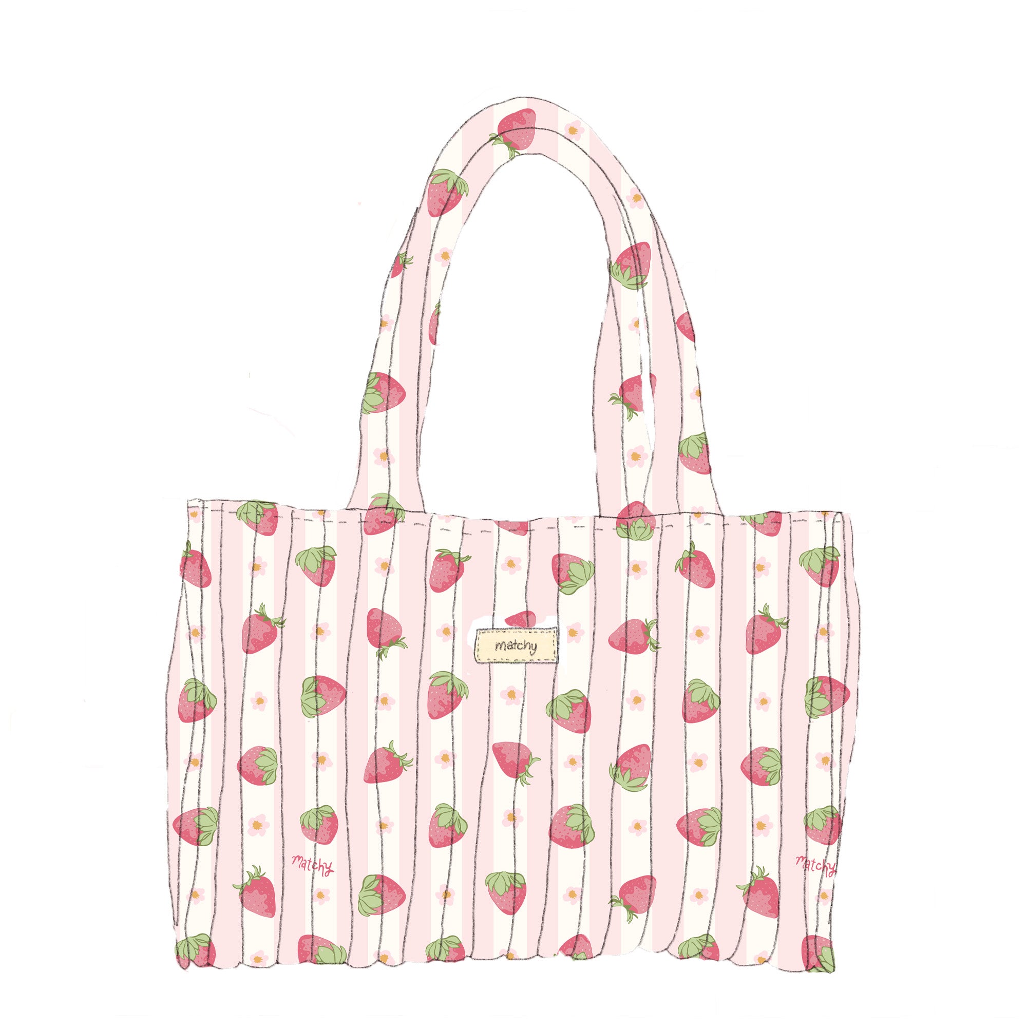 Illustration of a quilted tote bag in pink and white stripes with a strawberry print and two shoulder straps. Matchy Sylvie Take Me With You Tote, a strawberry print quilted tote bag.