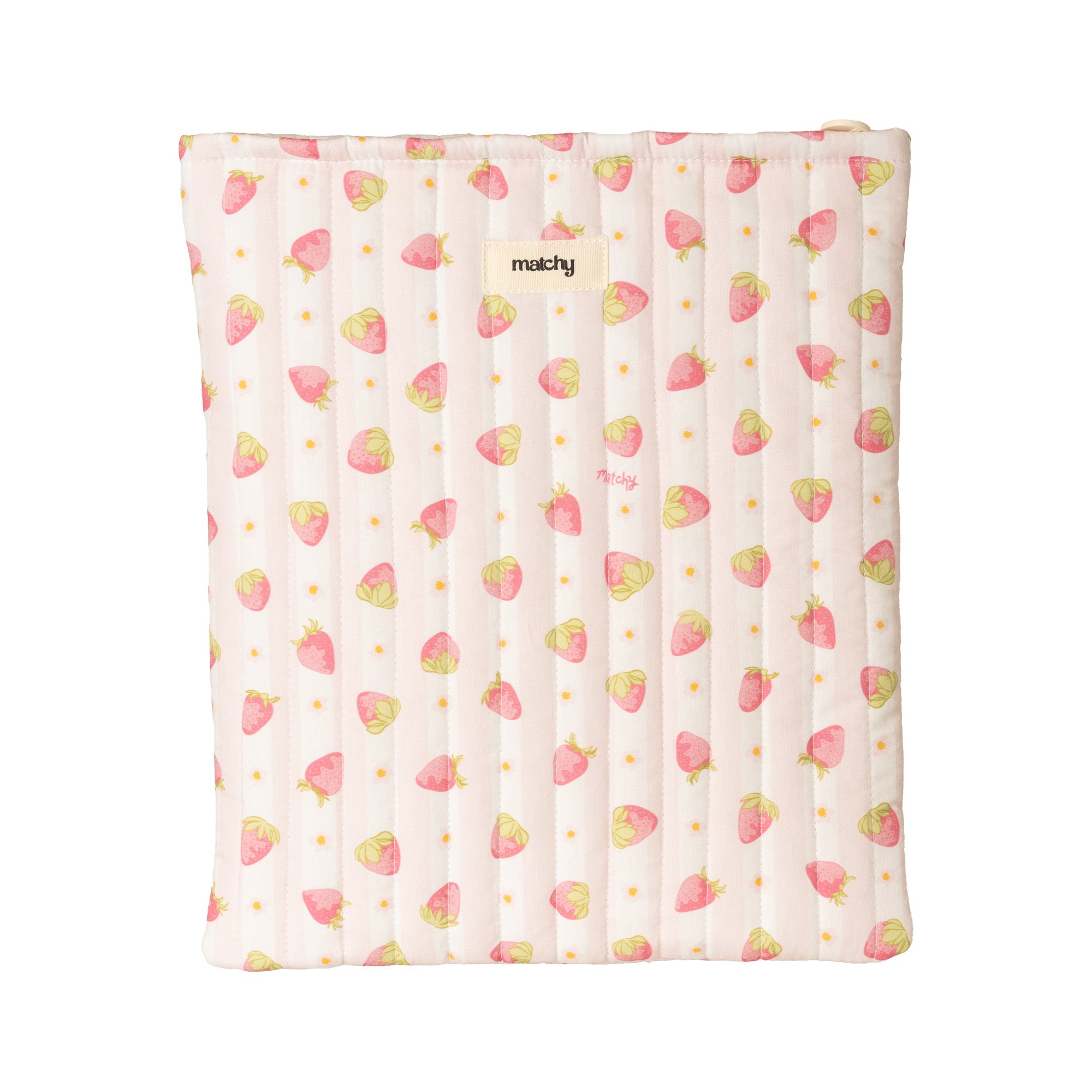 Pale pink striped quilted book sleeve with a small strawberry print and a 'matchy' label. Matchy Sylvie Custom Embroidery Book Sleeve, a personalised padded book sleeve.