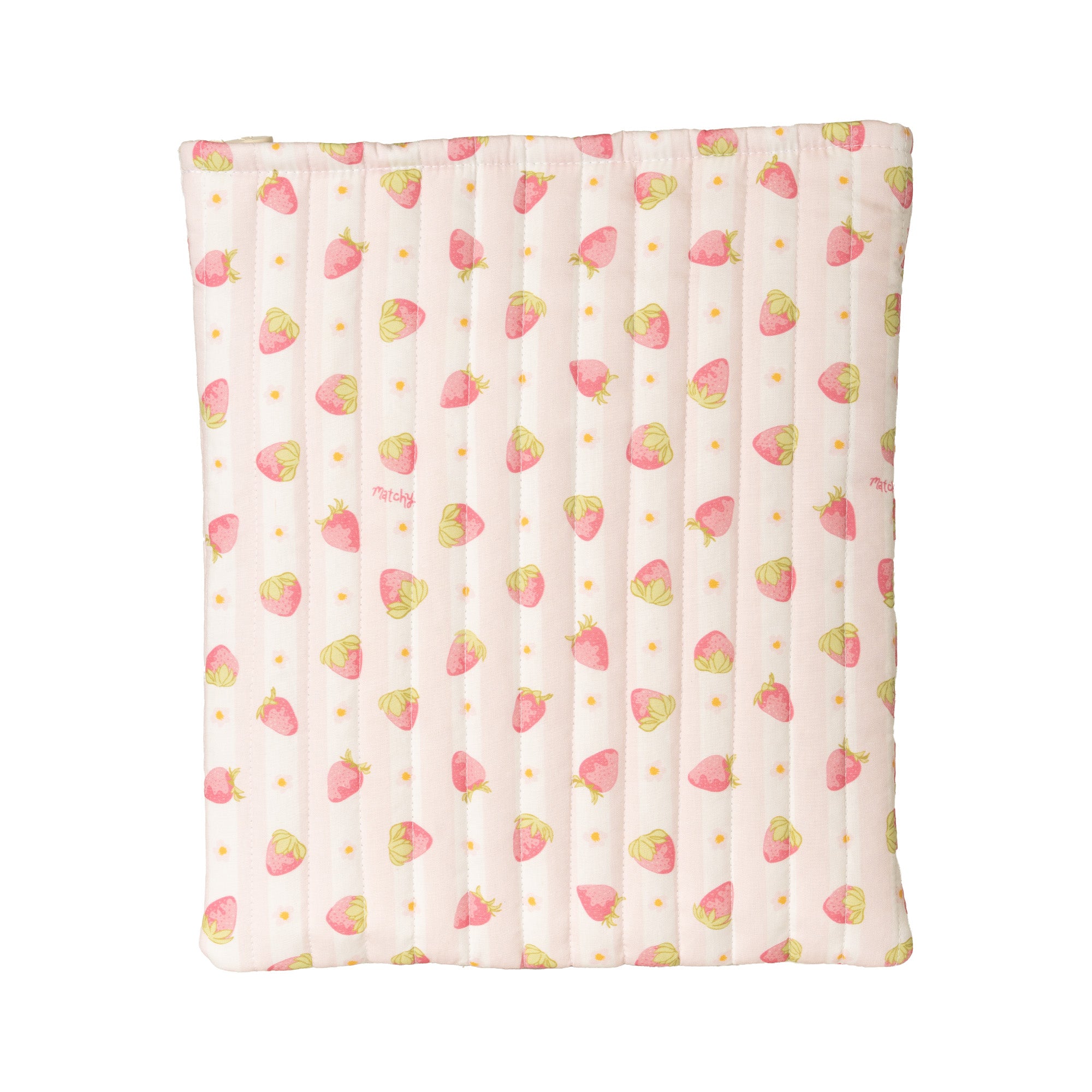 Back view of a book sleeve in pale pink striped quilted fabric with a small strawberry print. Matchy Sylvie Book Sleeve.