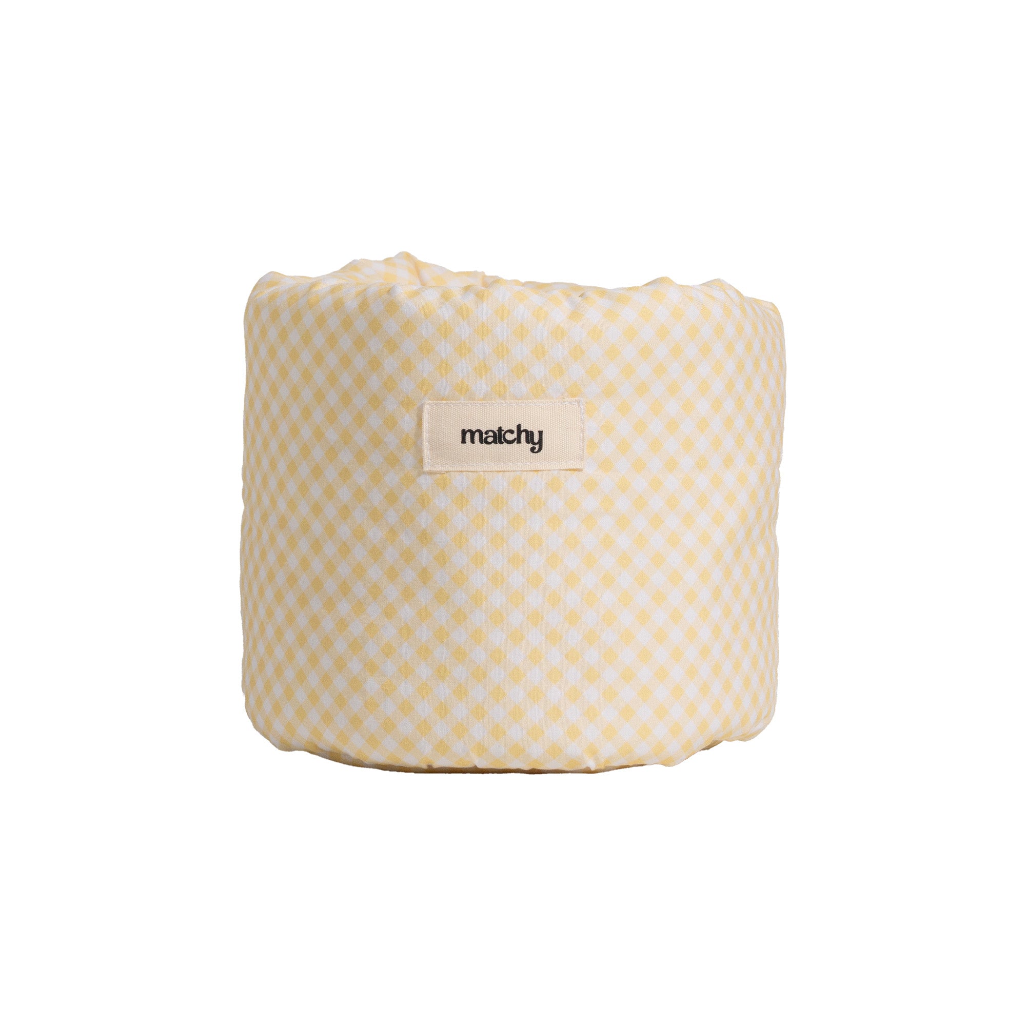 Butter yellow gingham fabric bubble bucket with a scrunched top edge and a cream 'matchy' label. Matchy Georgina Bubble Bucket in yellow, a padded vanity storage bucket.