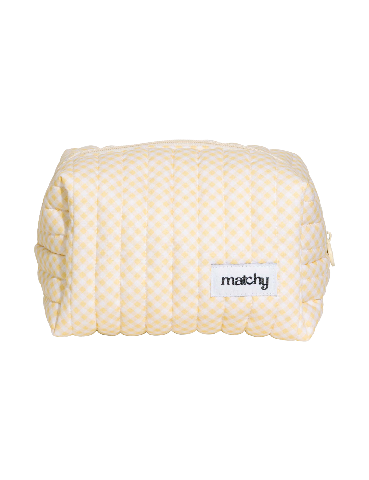 Front view of a butter yellow gingham quilted carry-all bag with a 'matchy' label. Matchy Banana Gingham Carry-All Bag, a quilted makeup and toiletry bag.
