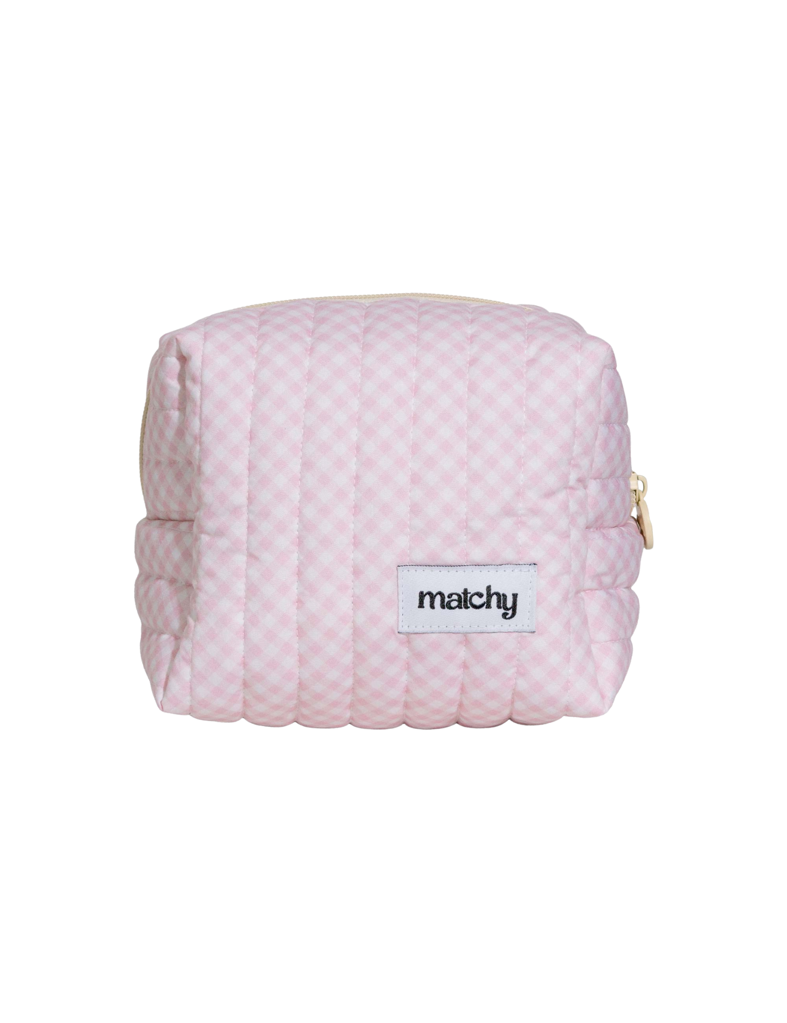 Small soft pink gingham quilted carry-all bag with a 'matchy' label. Matchy Strawberry Gingham Carry-All Bag.