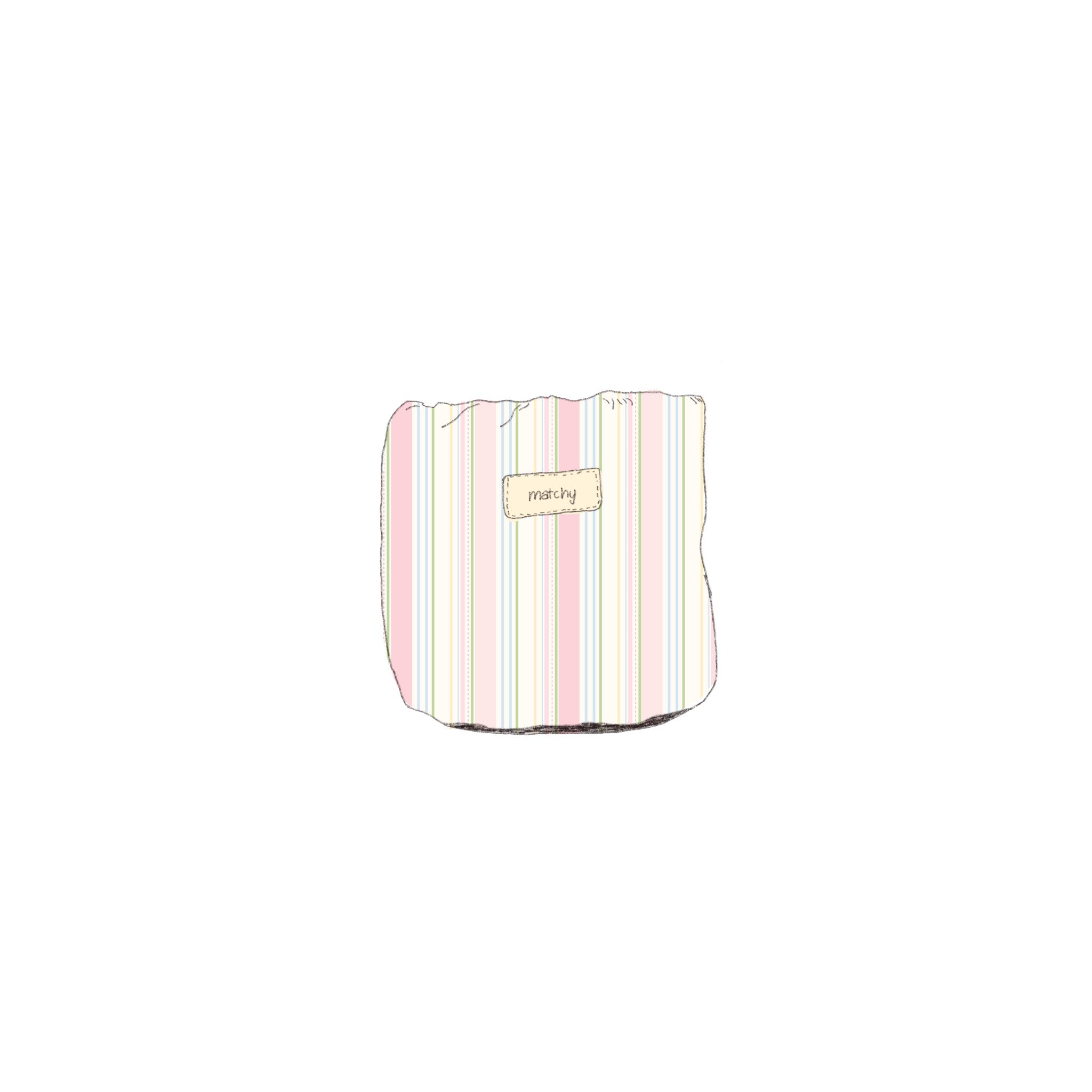 Illustration of a pastel striped quilted bubble bucket in pink, cream and green stripes with a 'matchy' label. Matchy Signature Stripe Bubble Bucket for vanity storage.