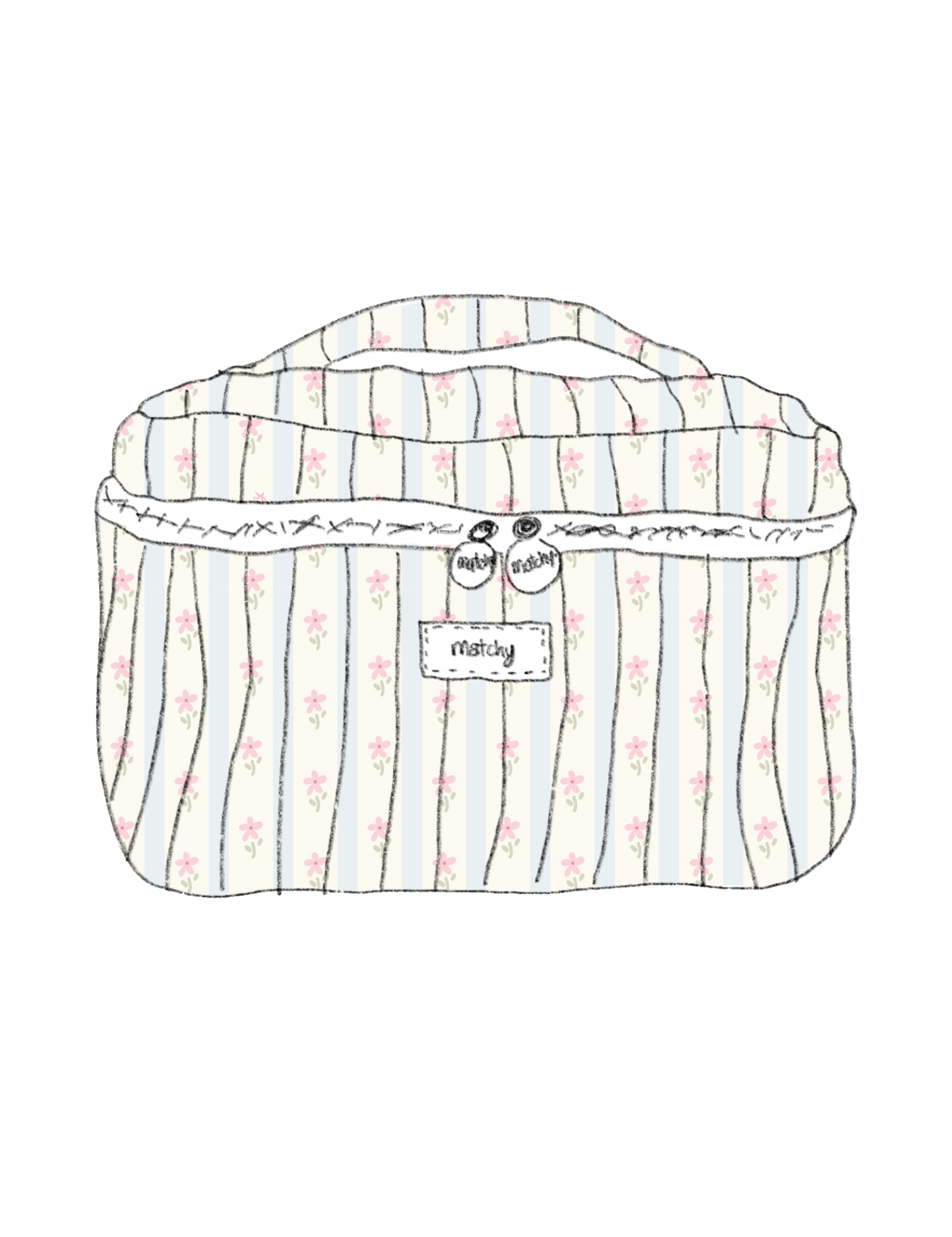 Illustration of a padded quilted train case with a top handle in pale blue and cream stripes with tiny pink flowers with a 'matchy' label. Matchy Blossom Custom Embroidery Train Case.