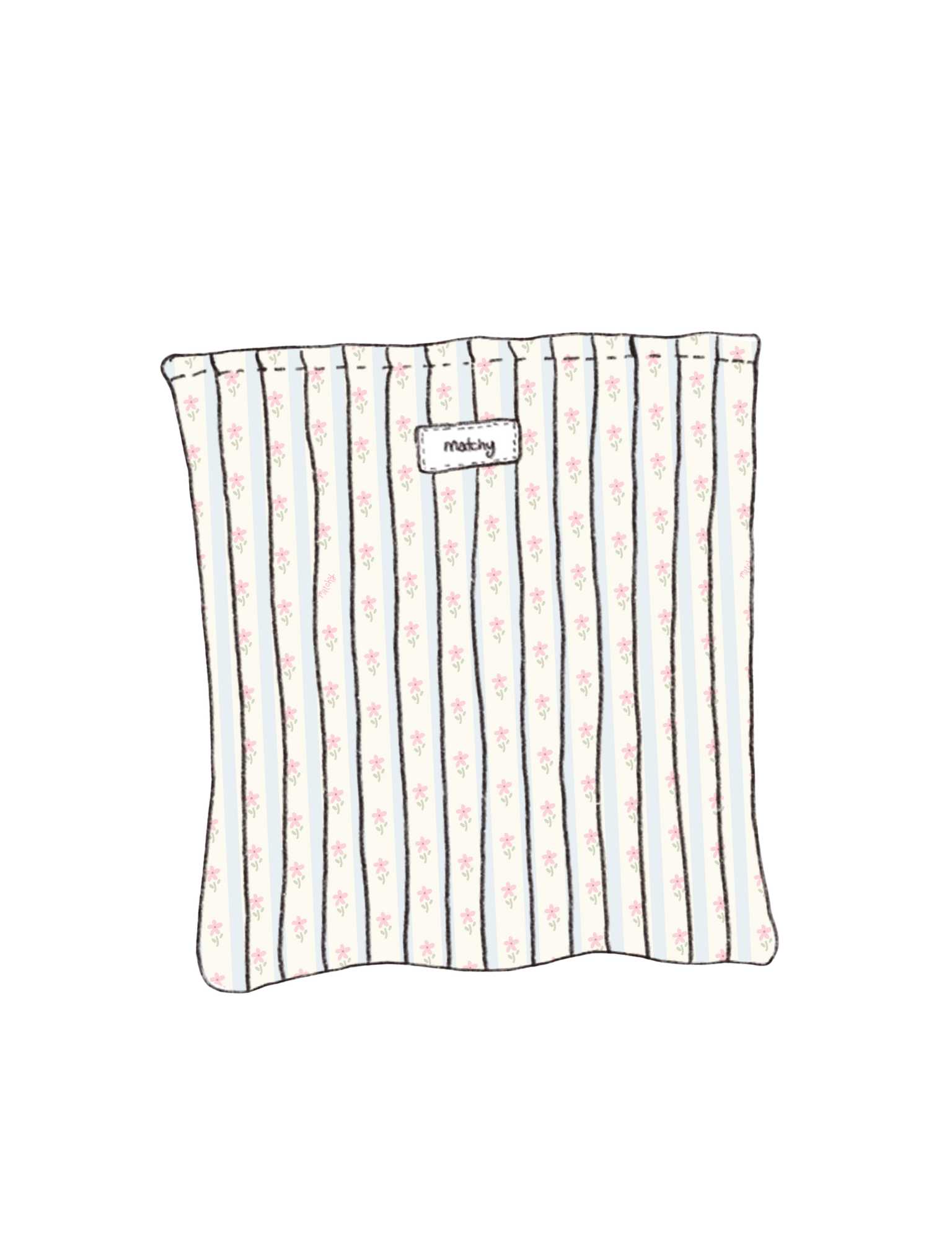 Illustration of a padded quilted book sleeve in pale blue and cream stripes with tiny pink flowers with a 'matchy' label. Matchy Blossom Custom Embroidery Book Sleeve.