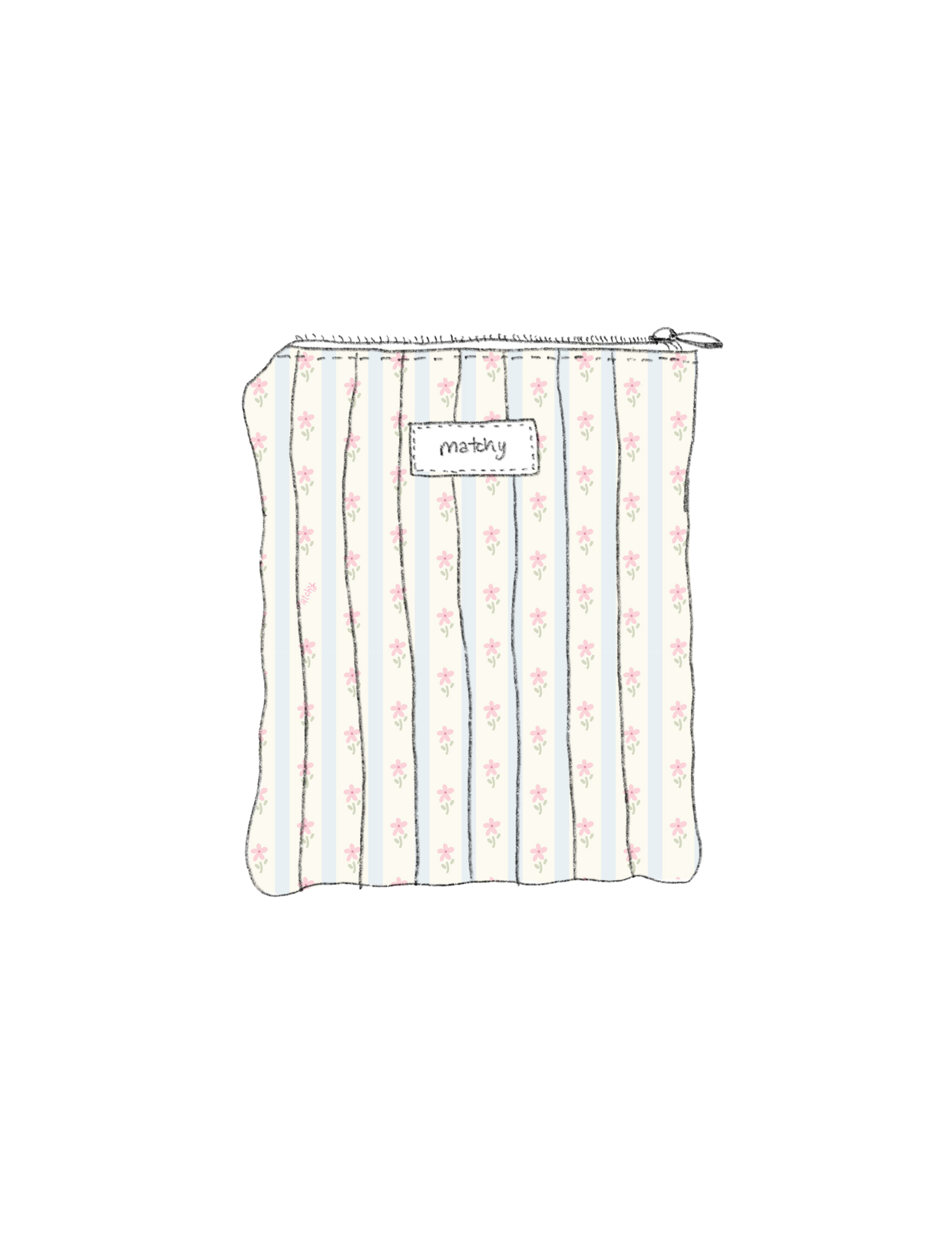 Illustration of a padded quilted eReader sleeve in pale blue and cream stripes with tiny pink flowers with a 'matchy' label. Matchy Blossom Custom Embroidery eReader Sleeve, a personalised Kindle pouch.
