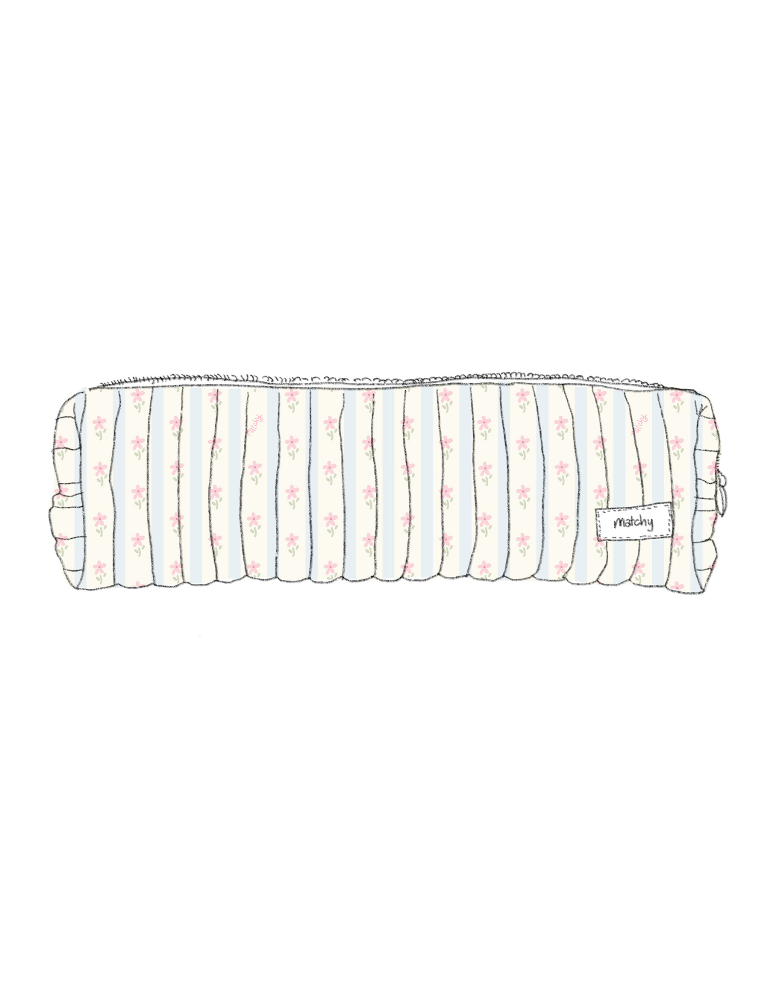Illustration of a padded quilted hair tools pouch in pale blue and cream stripes with tiny pink flowers with a 'matchy' label. Matchy Blossom Hair Tools Pouch.