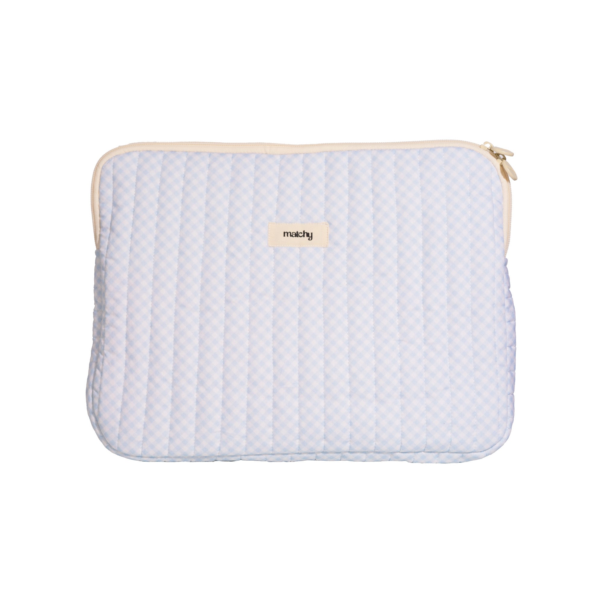 Front view of a pale blue gingham quilted laptop sleeve with a cream zip and 'matchy' label. Matchy Georgina Gingham Laptop Sleeve in blue for 13 to 15 inch laptops.