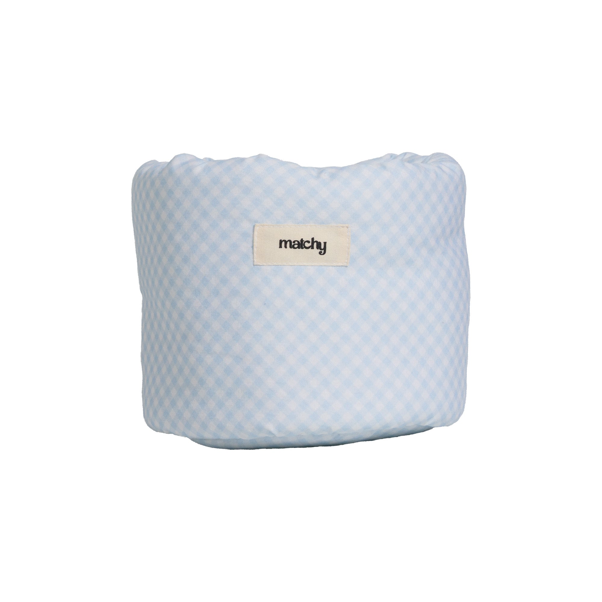 Pale blue gingham fabric bubble bucket with a scrunched top edge and a cream 'matchy' label. Matchy Georgina Bubble Bucket in blue, a padded vanity storage bucket.