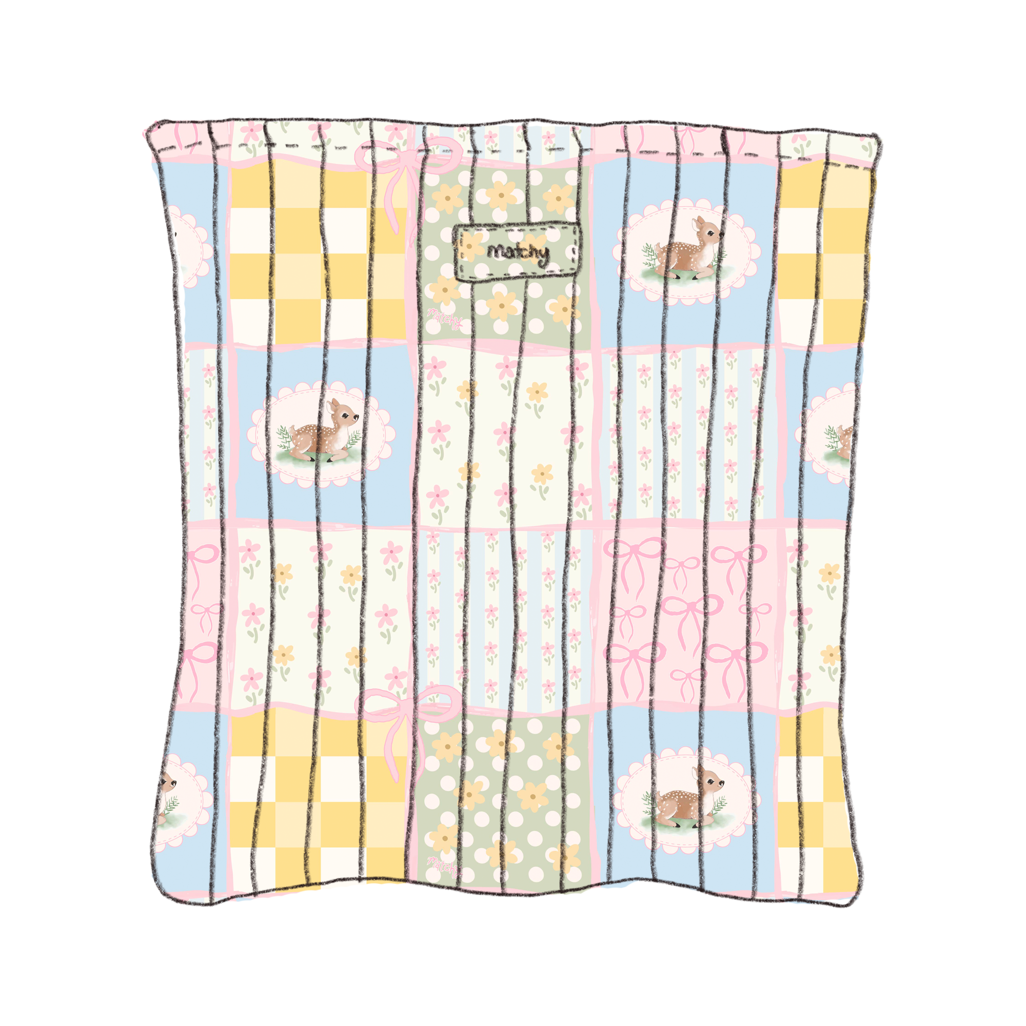 Illustration of a padded quilted book sleeve in pastel pink, blue, yellow and cream patchwork with deer motifs with a 'matchy' label. Matchy Patchwork Book Sleeve.