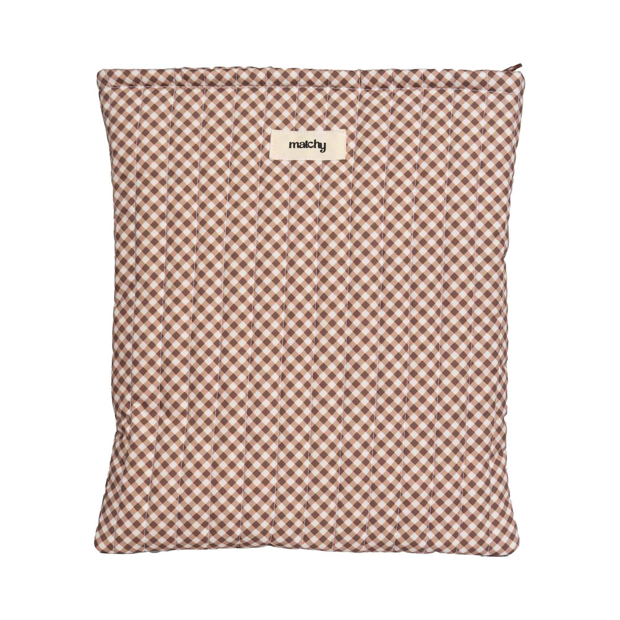 Brown and cream gingham quilted book sleeve with a 'matchy' label on a white background. Matchy Chocolate Gingham Book Sleeve, a padded book sleeve.