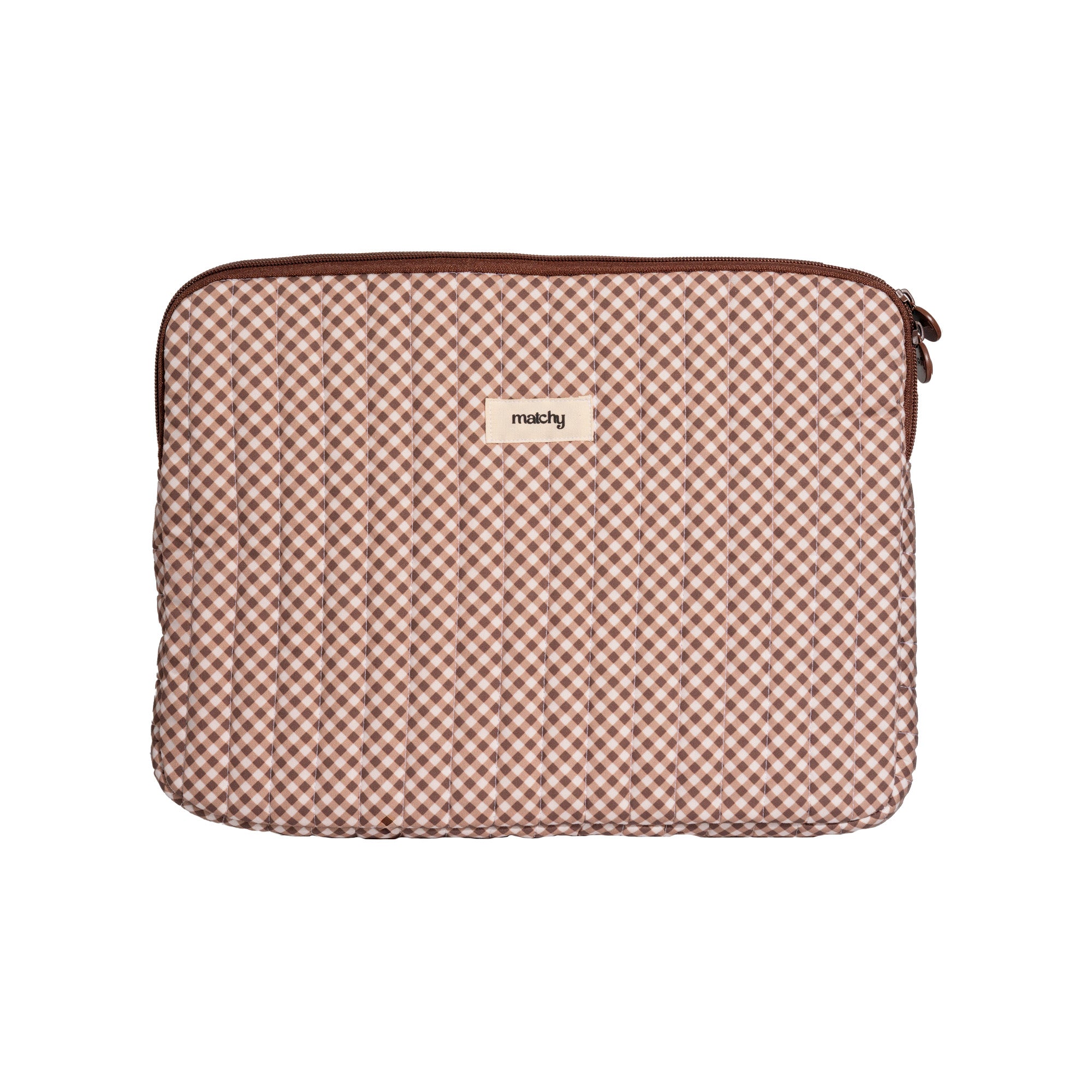 Brown and cream gingham quilted laptop sleeve with a brown zip and a small cream 'matchy' label. Matchy Georgina Gingham Laptop Sleeve for 13 to 15 inch laptops.