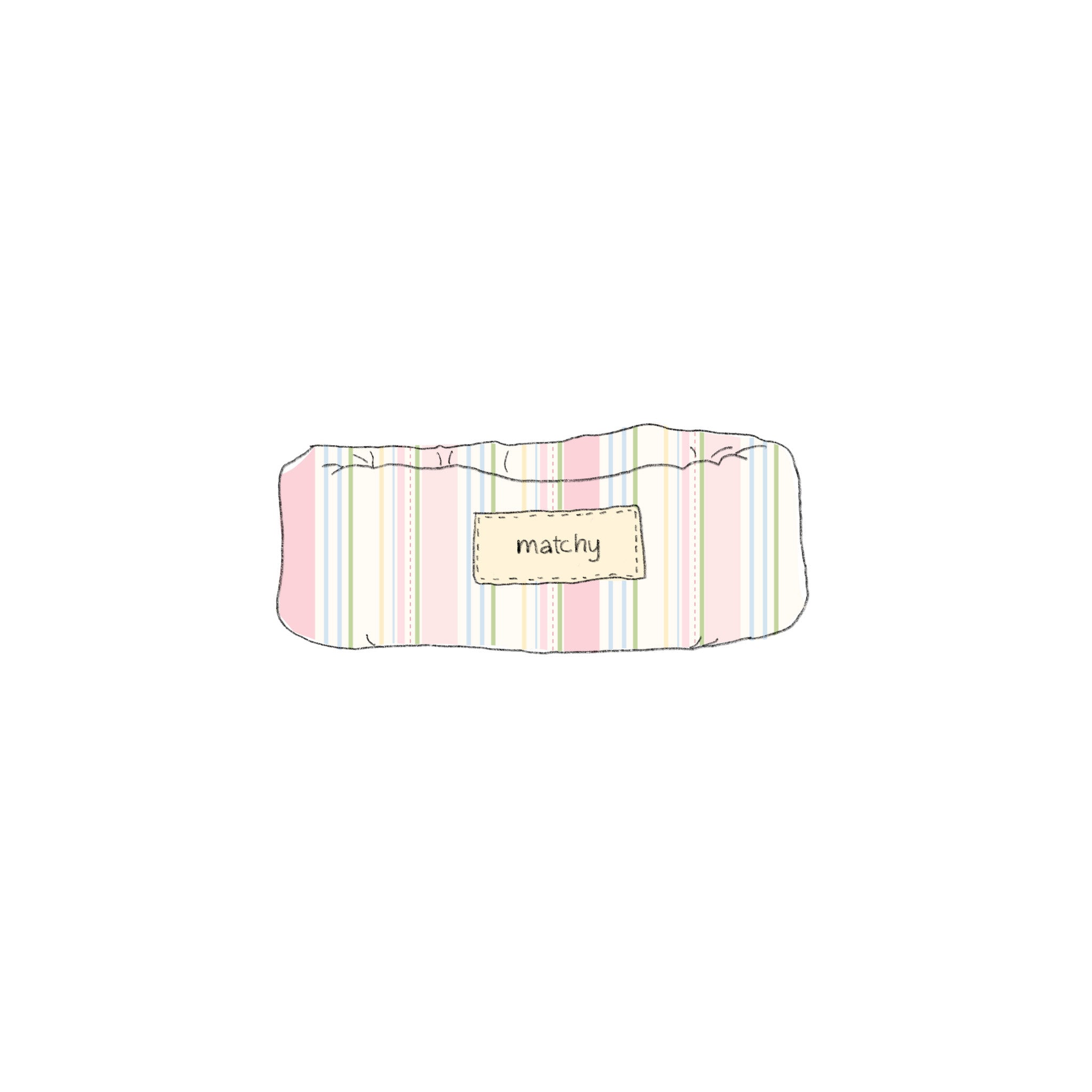 Illustration of a pastel striped quilted bubble tray in pink, cream and green stripes with a 'matchy' label. Matchy Signature Stripe Bubble Tray for vanity storage.