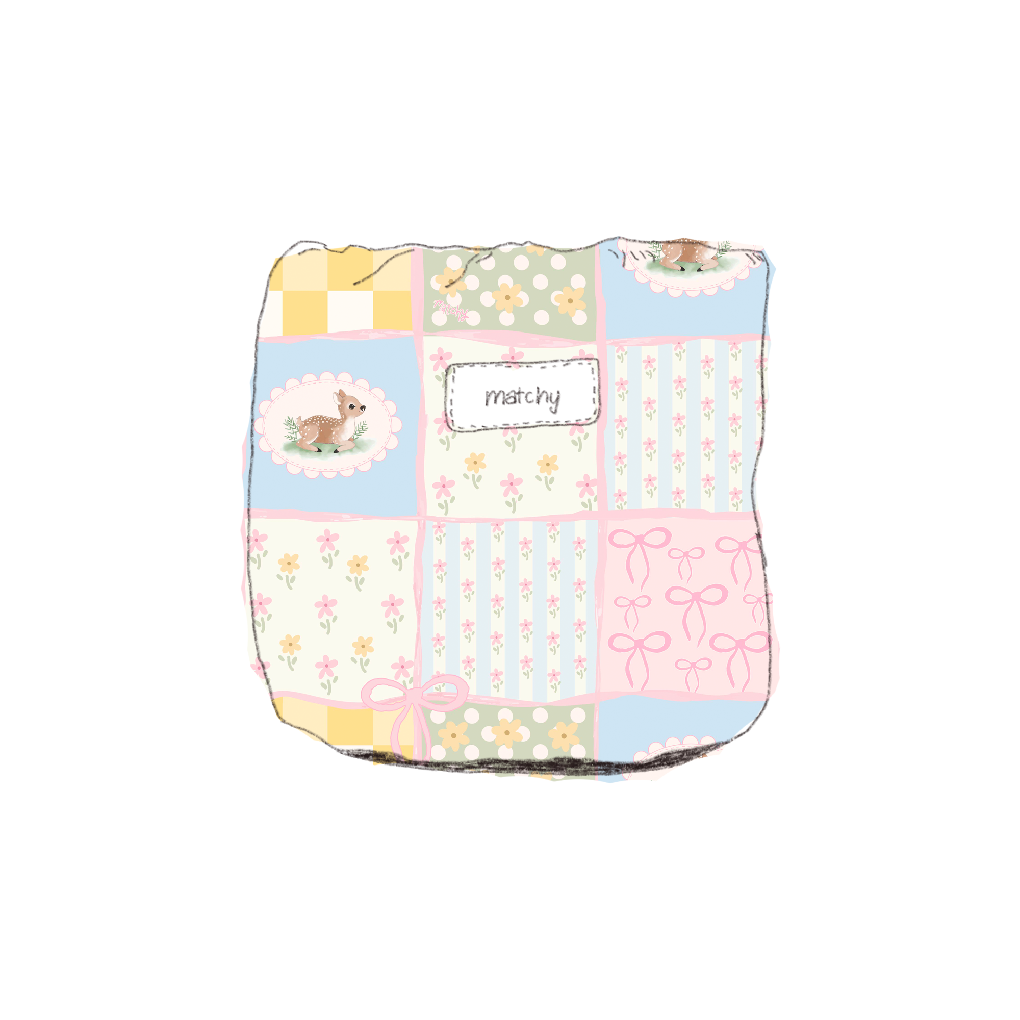 Illustration of a quilted pastel patchwork bubble bucket in pink, blue, yellow and cream squares with a deer motif and 'matchy' label. Matchy Patchwork Bubble Bucket for vanity storage.