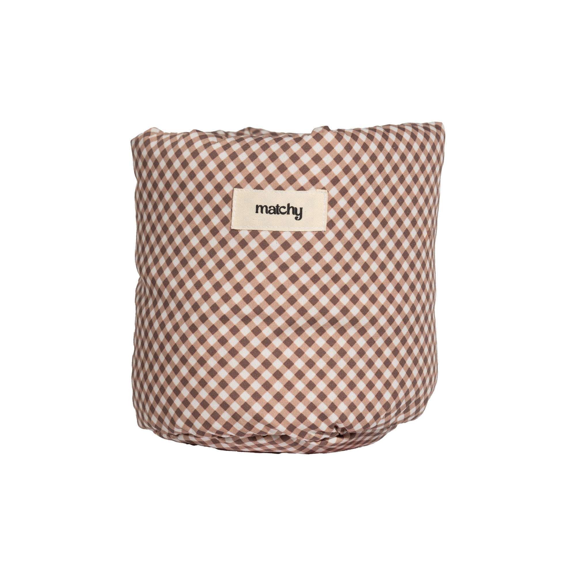 Brown and cream gingham fabric bubble bucket with a cream 'matchy' label on a white background. Matchy Georgina Bubble Bucket in chocolate, a padded vanity storage bucket.