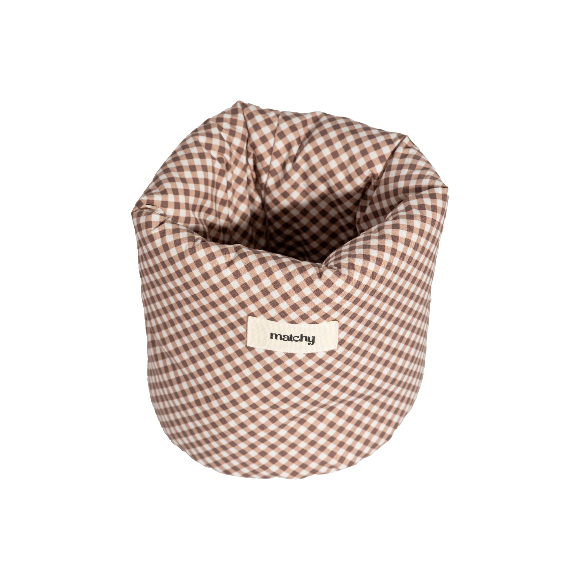 Angled view of a brown and cream gingham bubble bucket with its padded top folded open. Matchy Georgina Bubble Bucket in chocolate, a padded vanity storage bucket.